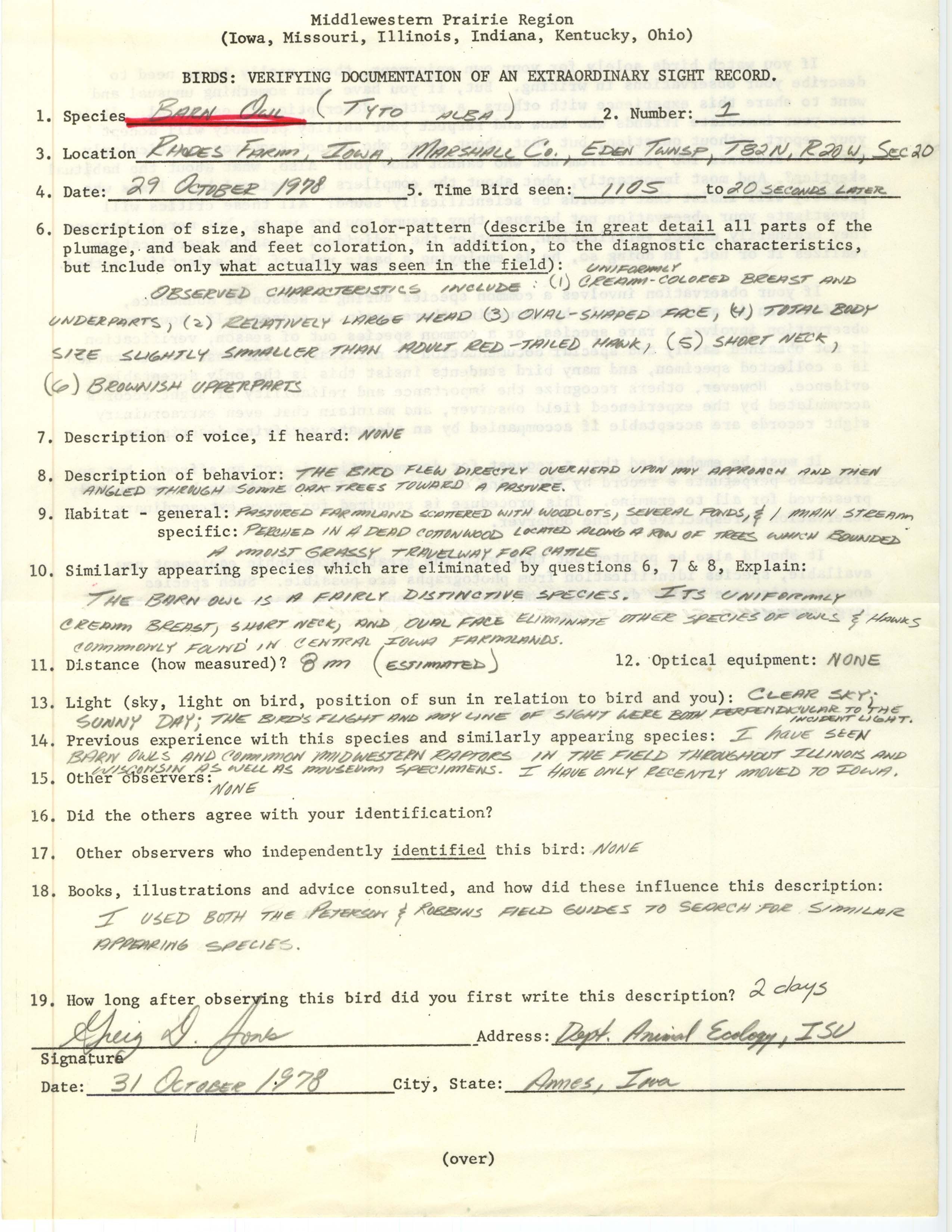 Rare bird documentation form for Barn Owl at Eden Township in Marshall County, 1978