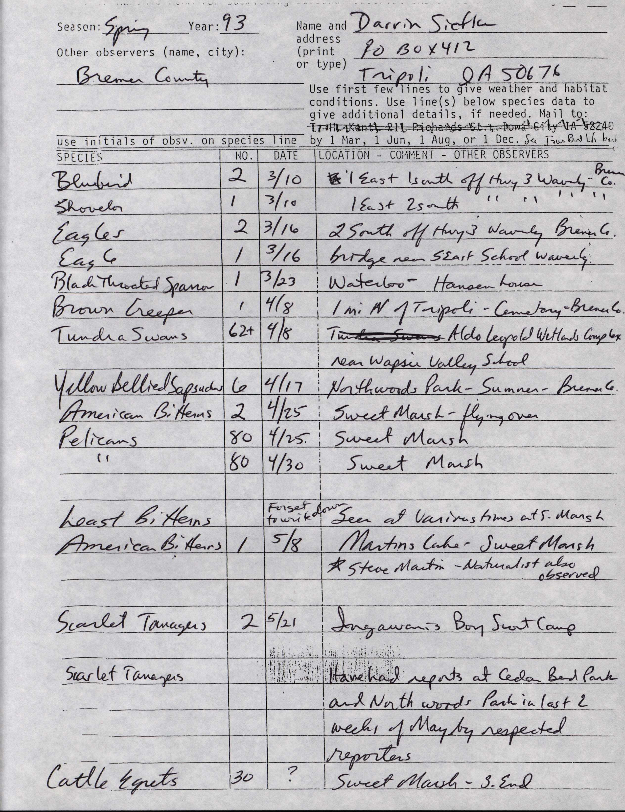 Field reports form for submitting seasonal observations of Iowa birds, Darrin Siefken, Spring 1993