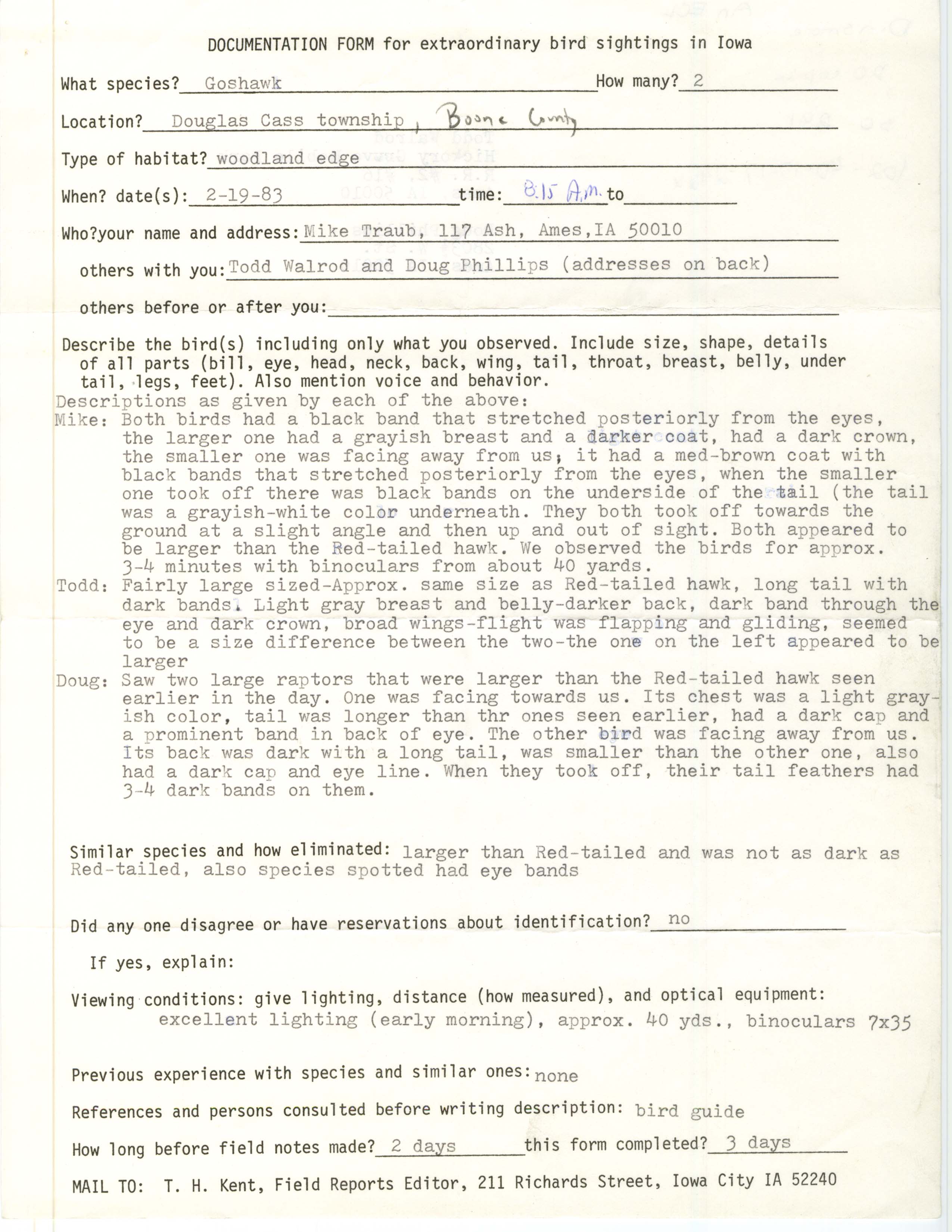 Rare bird documentation form for Northern Goshawk at Douglas Cass Township, 1983