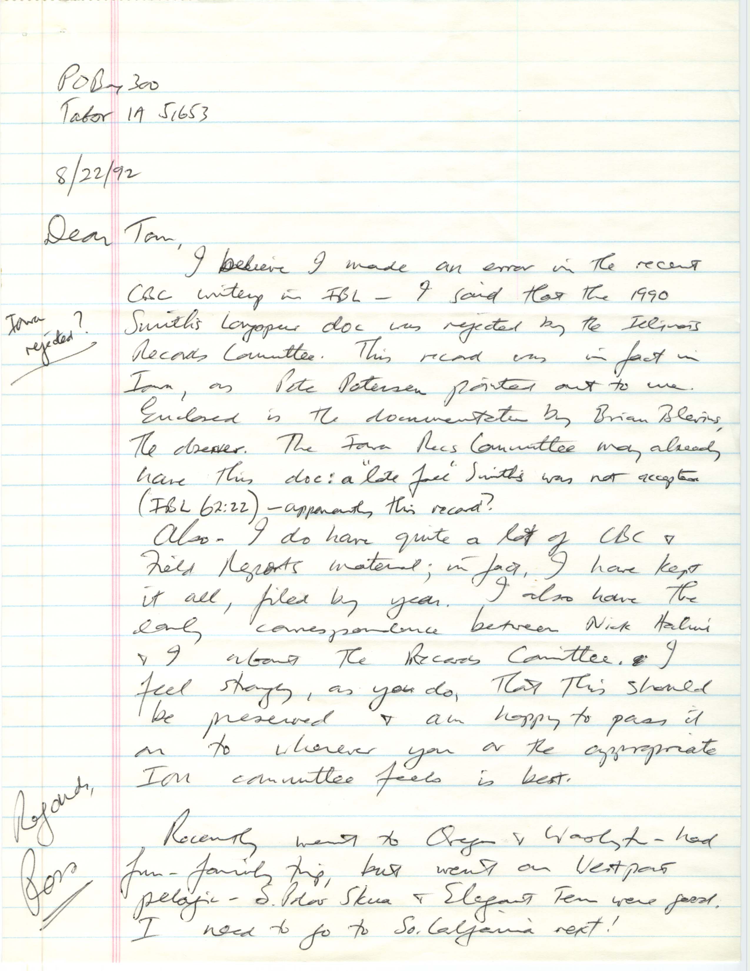 Ross Silcock letter to Thomas Kent regarding a Smith's Longspur and other bird sighting materials, August 22, 1992