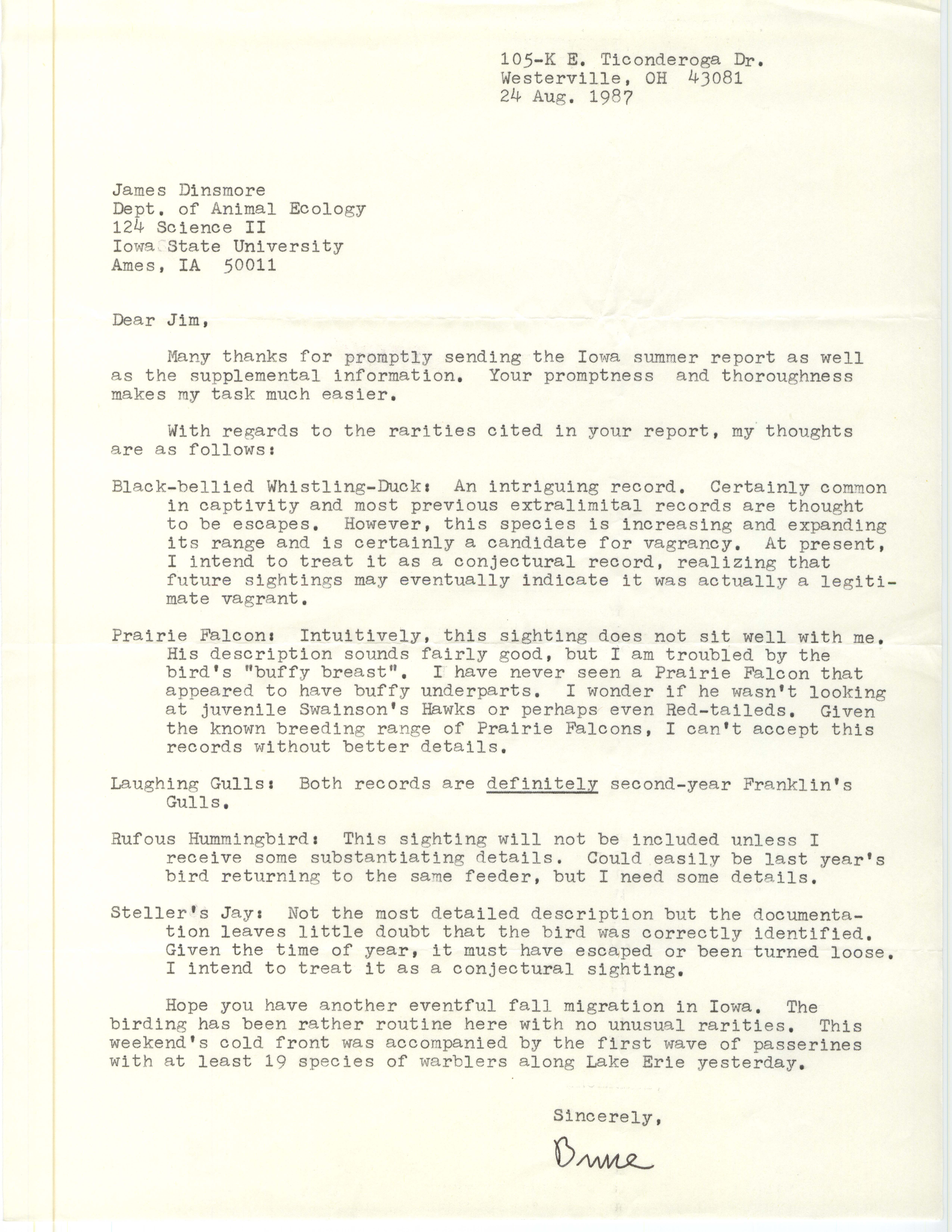 Bruce G. Peterjohn letter to James J. Dinsmore regarding the Iowa summer bird report and rare bird sightings, August 24, 1987