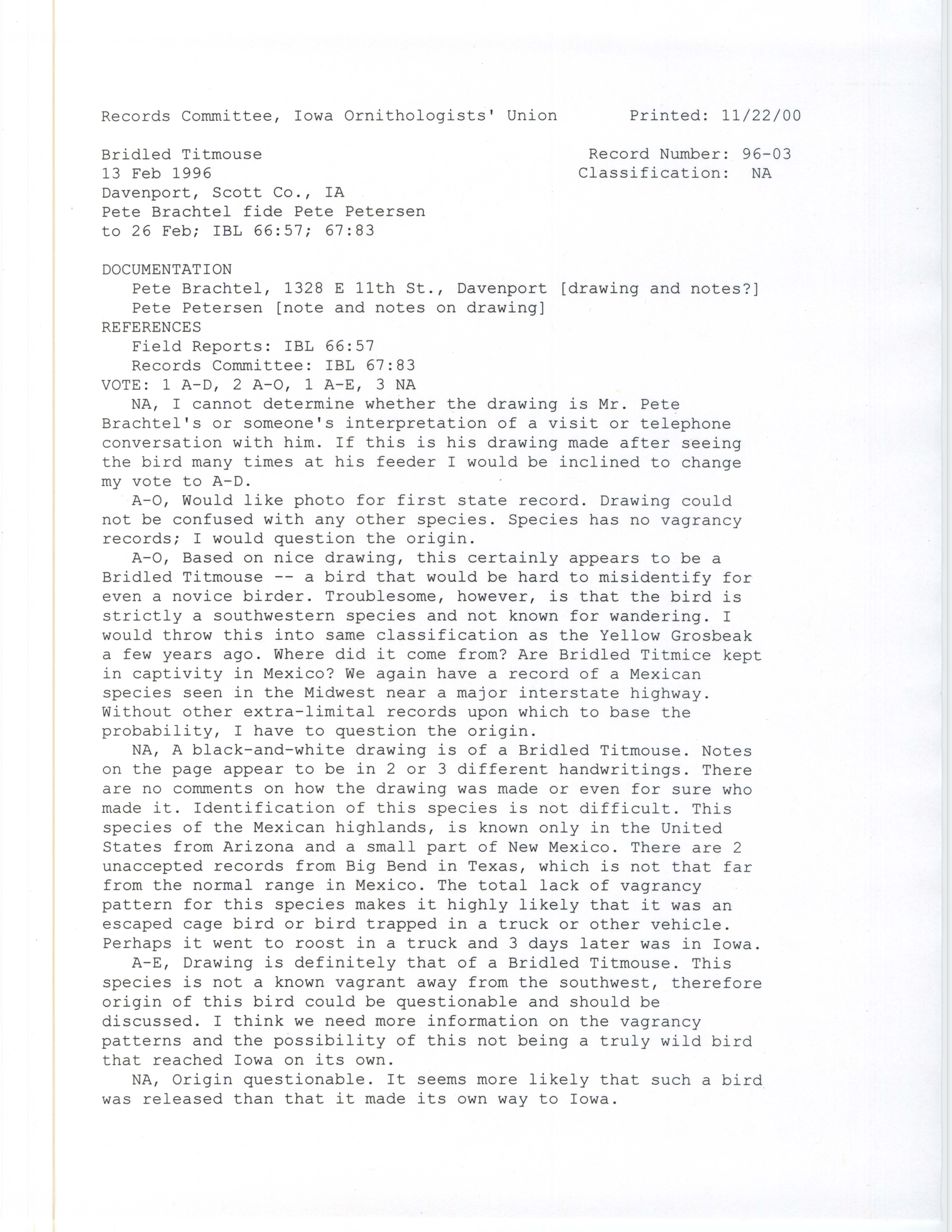 Records Committee review for rare bird sighting for Bridled Titmouse in Davenport in 1996