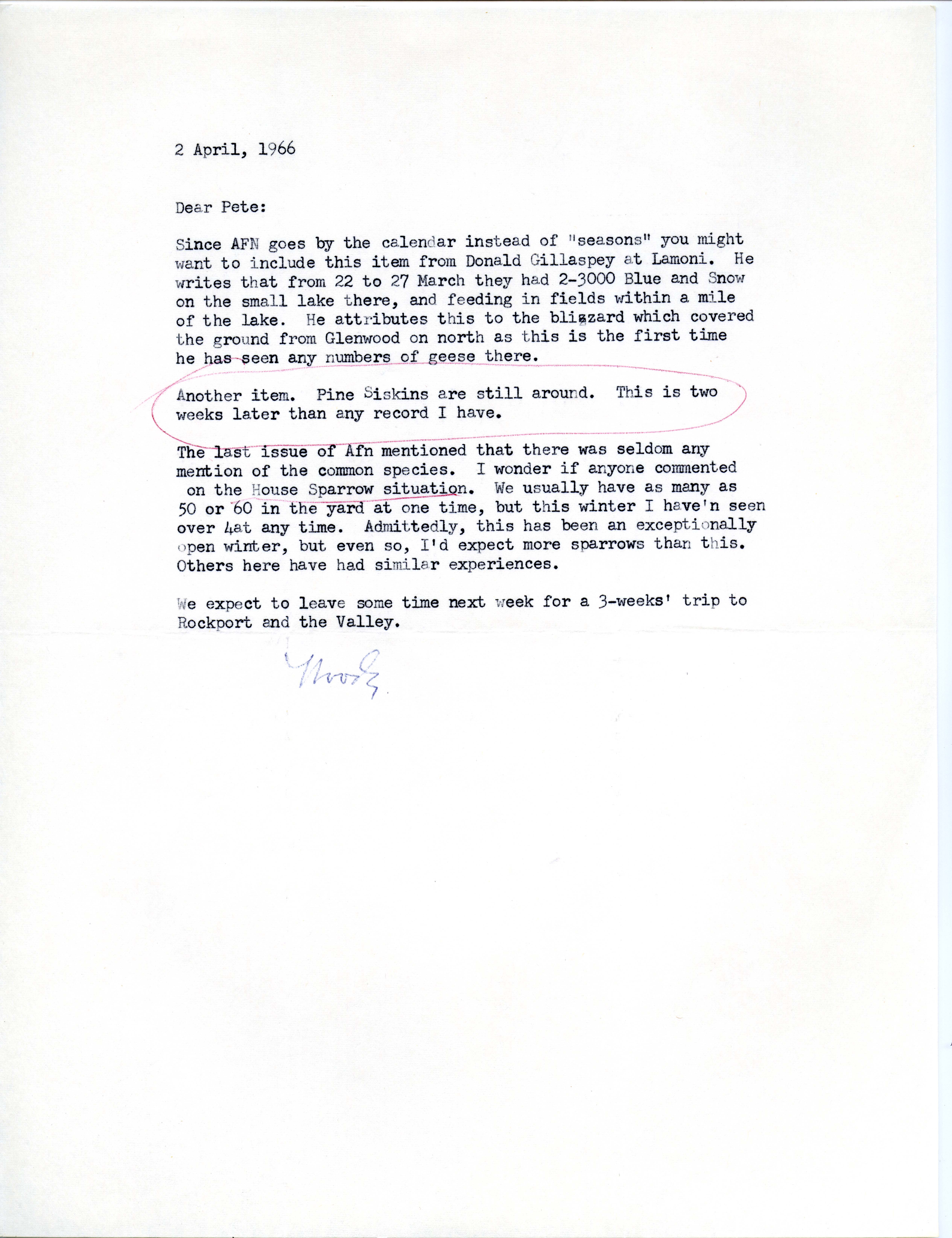 Woodward H. Brown letter to Peter C. Petersen regarding winter migration, April 2, 1966