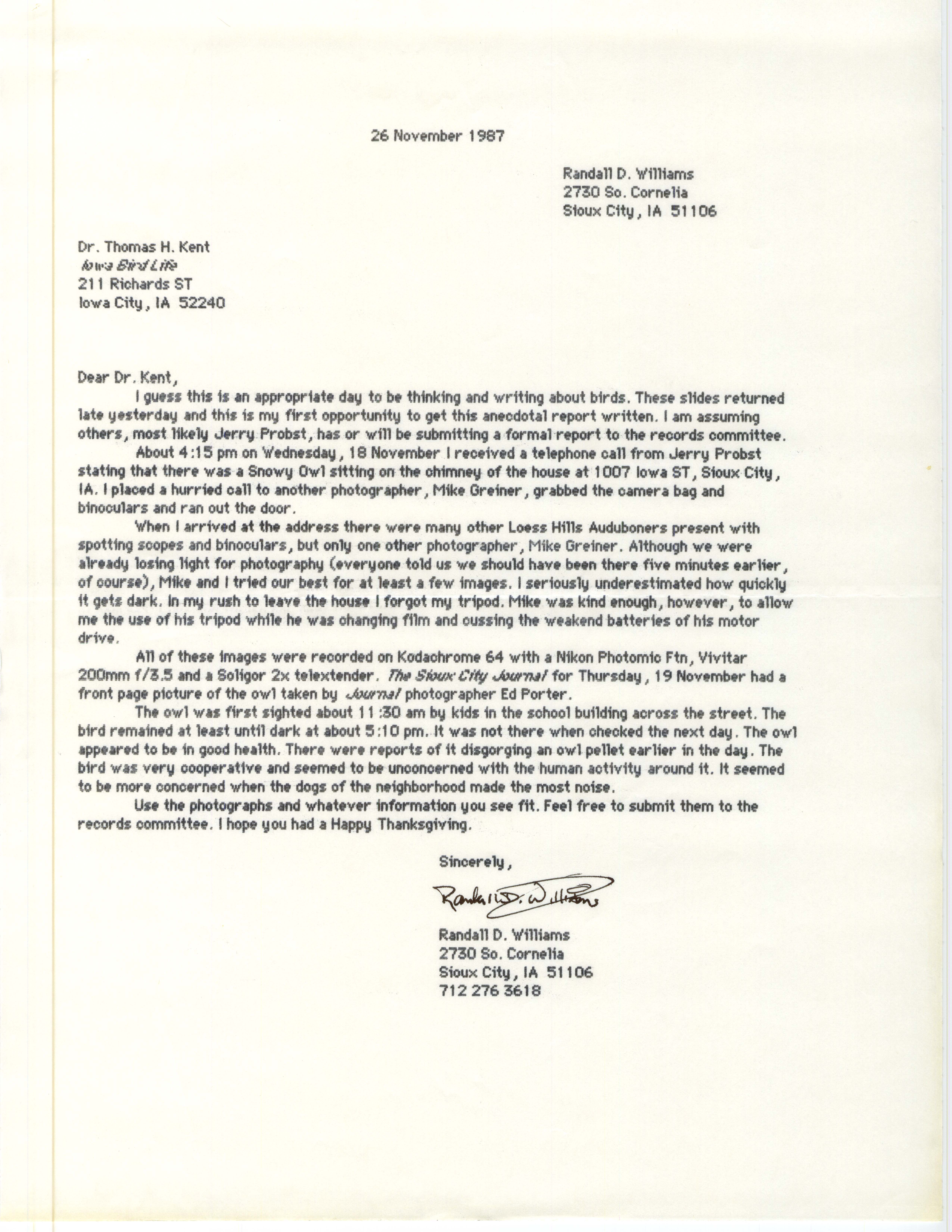 Randall D. Williams letter to Thomas H. Kent regarding a Snowy Owl sighting in Sioux City, November 26, 1987 