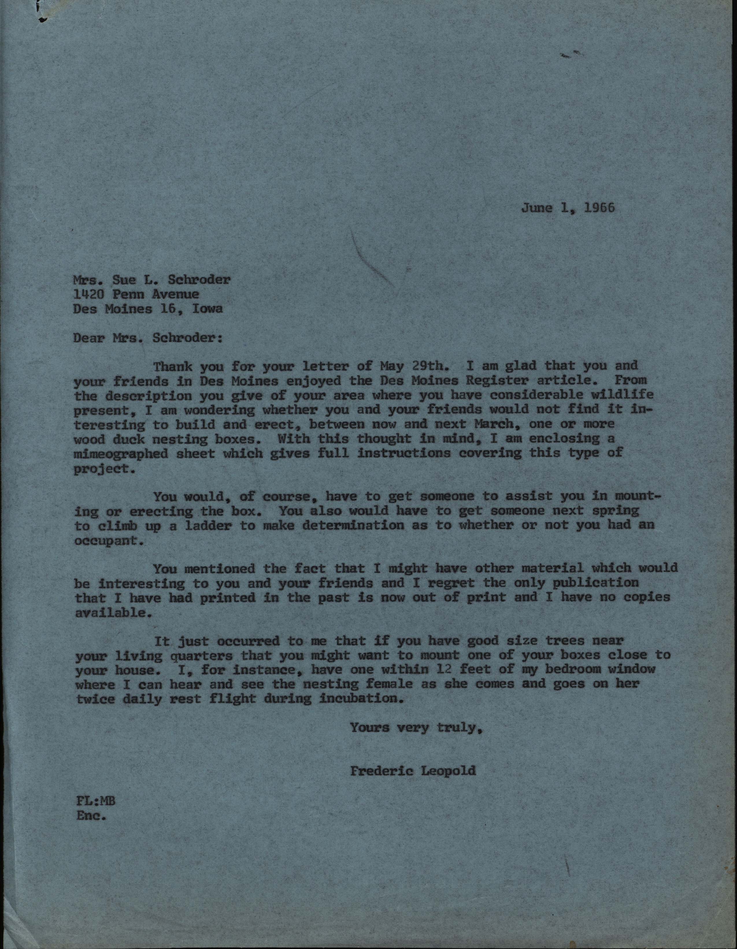 Frederic Leopold letter to Sue L. Schroder regarding Wood Duck houses, June 1, 1966