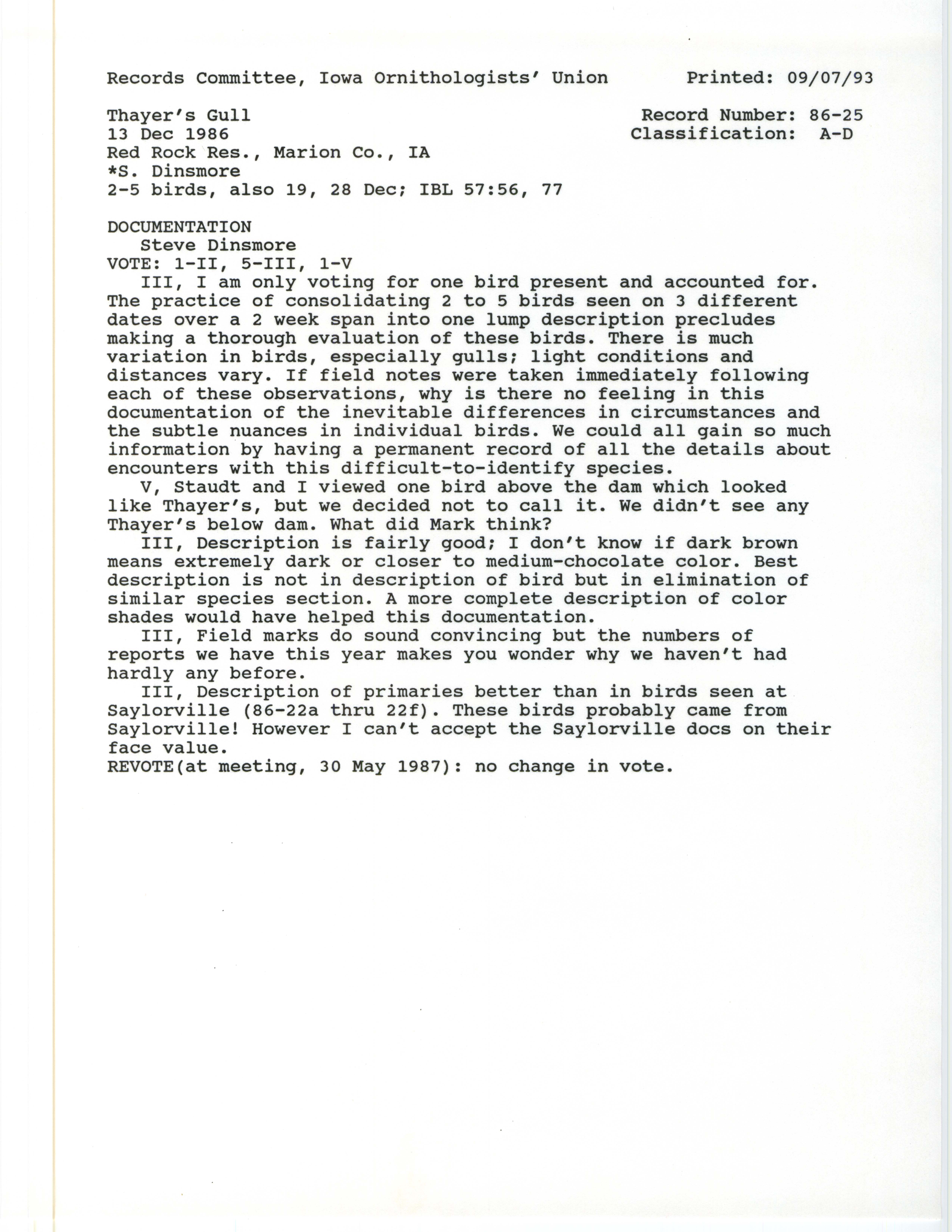 Records committee review for rare bird sighting of Thayer's Gull at Red Rock Reservoir, 1986