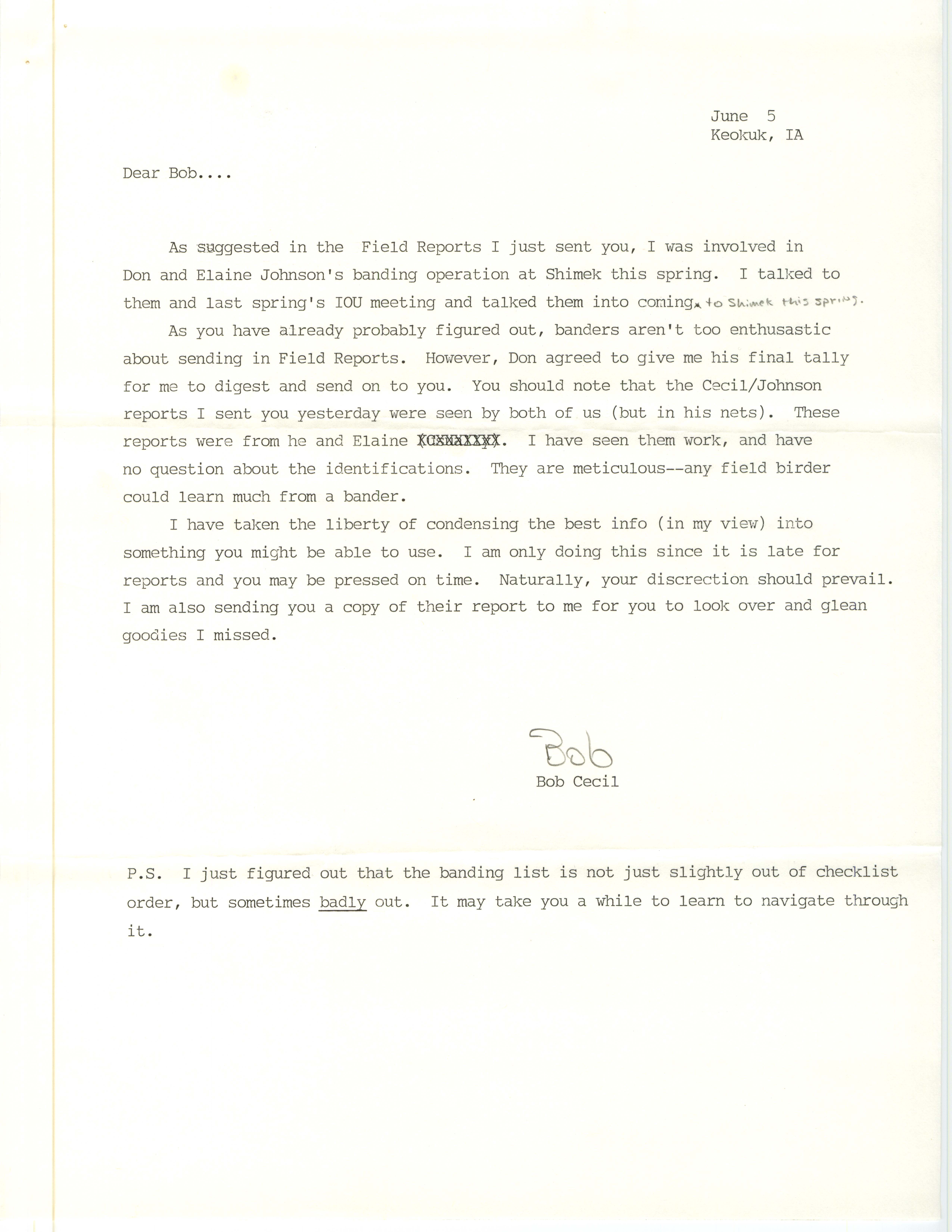Robert I. Cecil letter to Robert K. Myers regarding bird banding, June 5, 1987