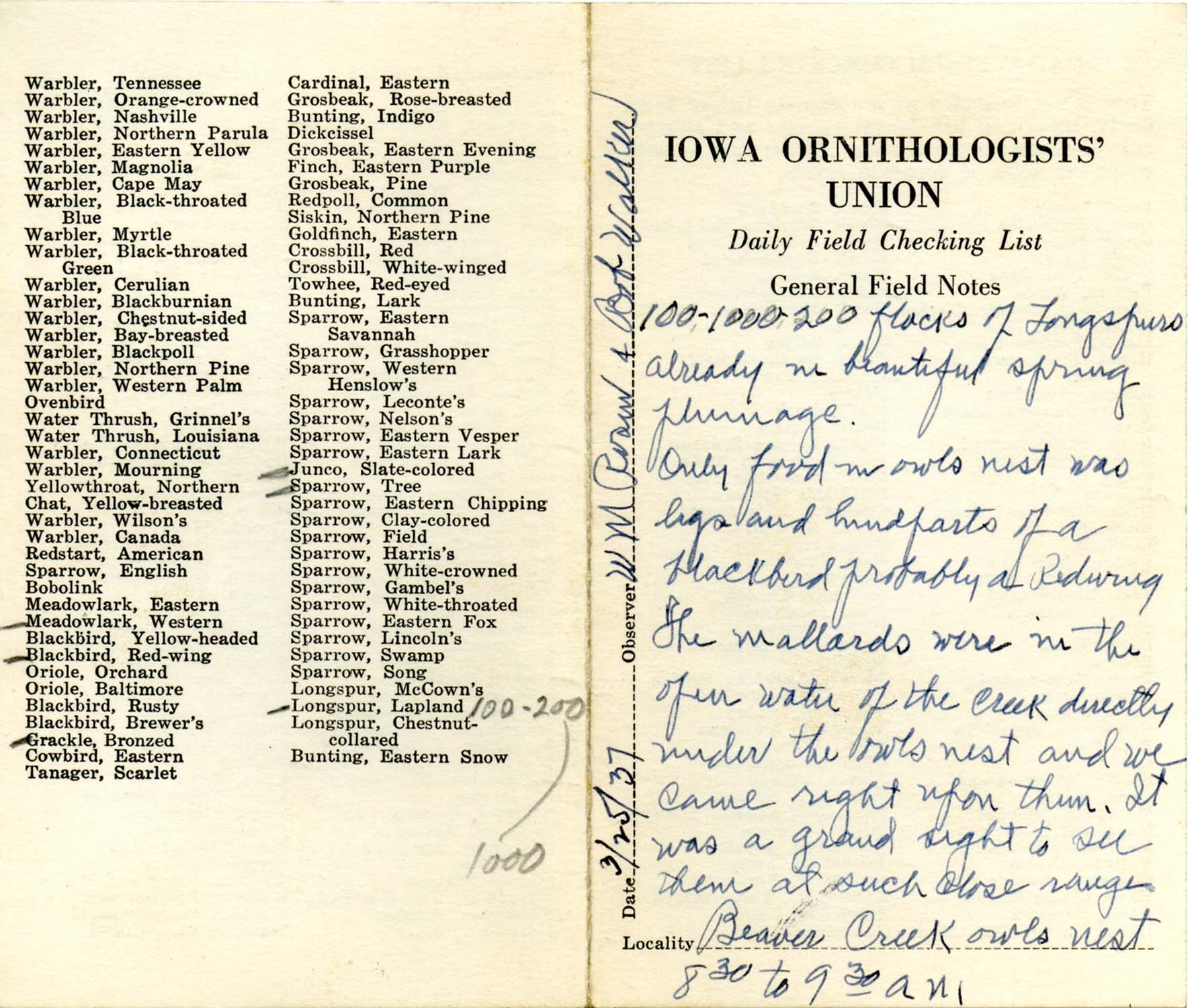 Daily field checking list by Walter Rosene, March 25, 1937