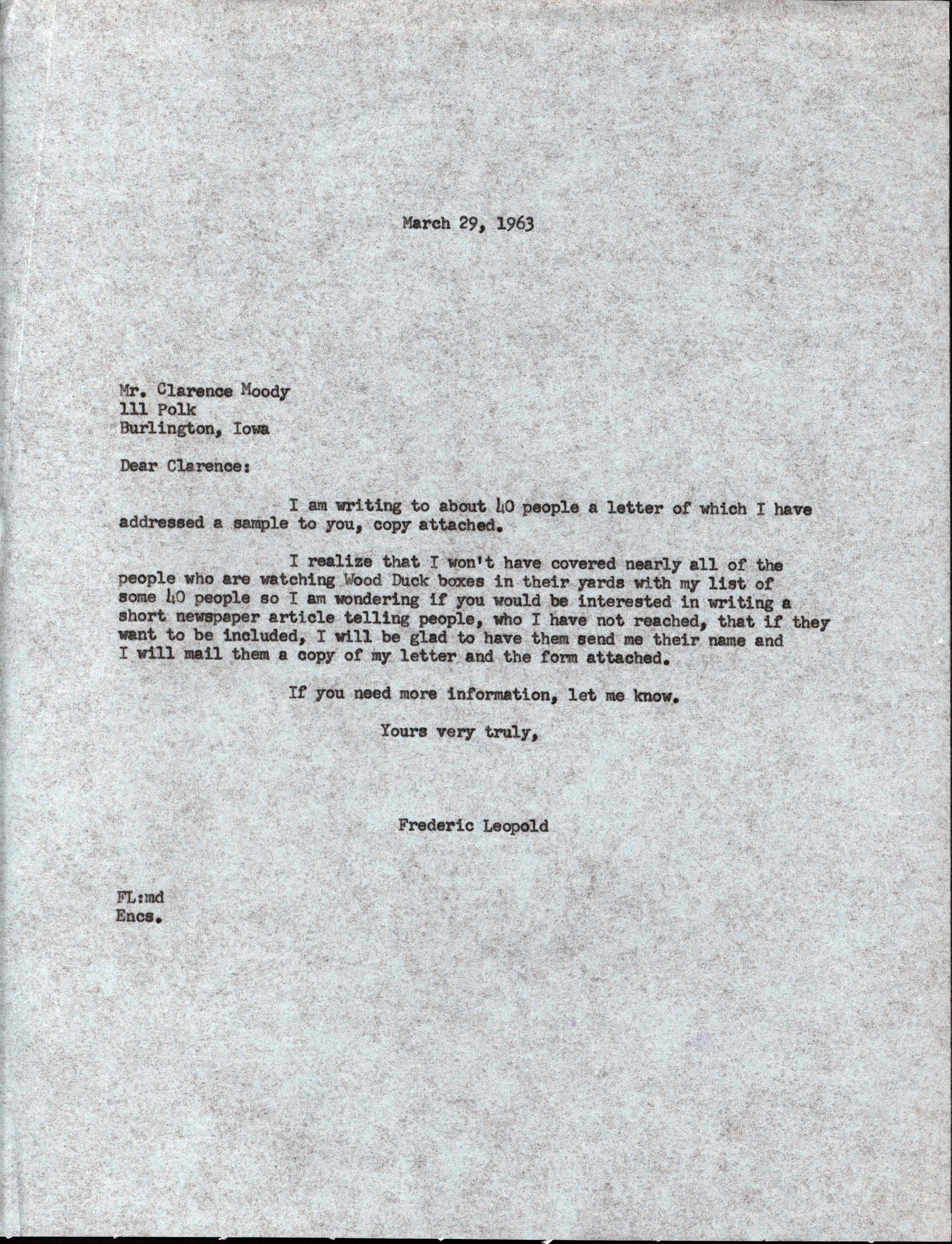 Frederic Leopold letter to Clarence W. Moody regarding a Wood Duck study, March 29, 1963