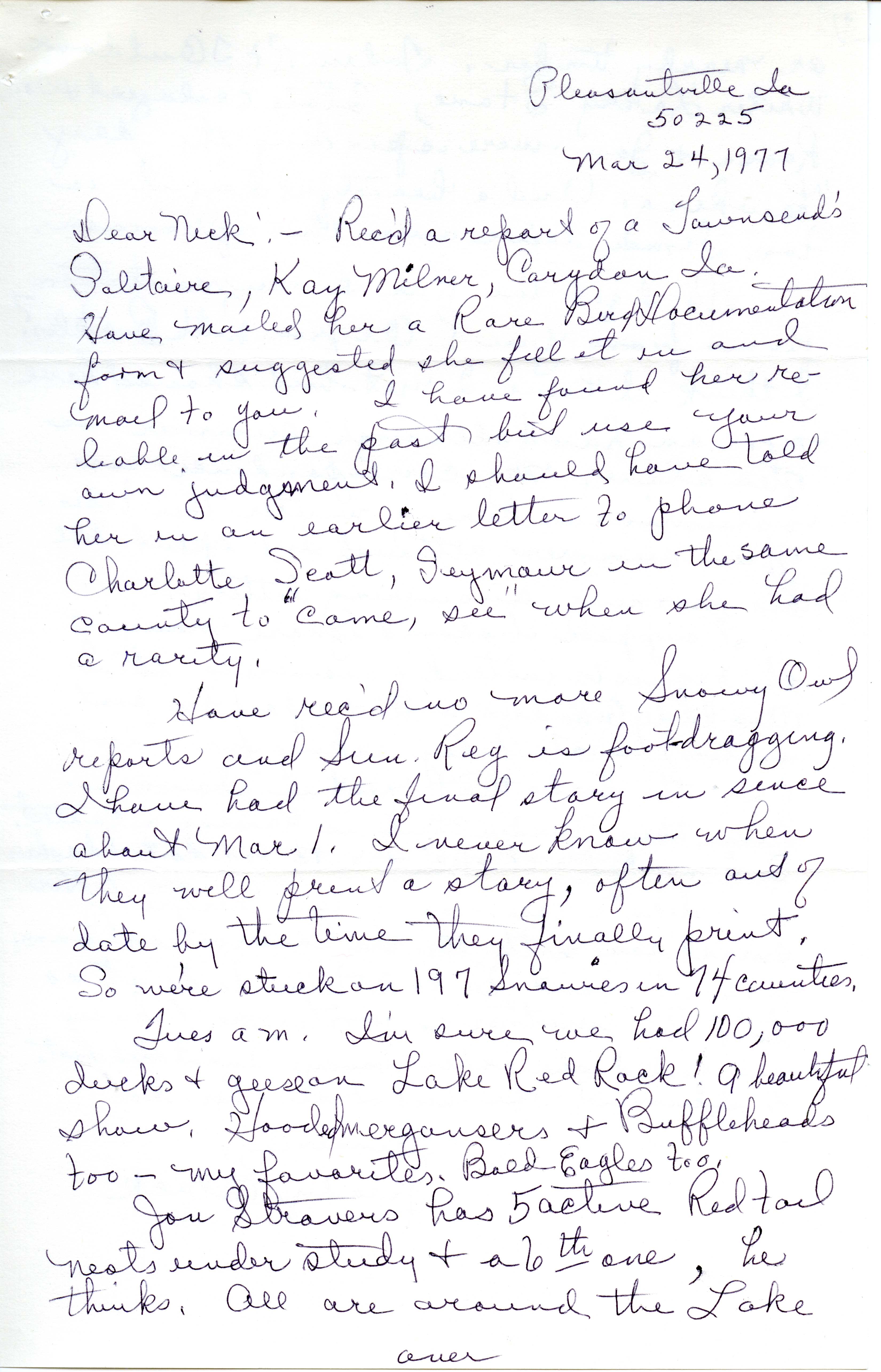 Gladys Black letter to Nicholas S. Halmi regarding bird sighting reports, March 24, 1977