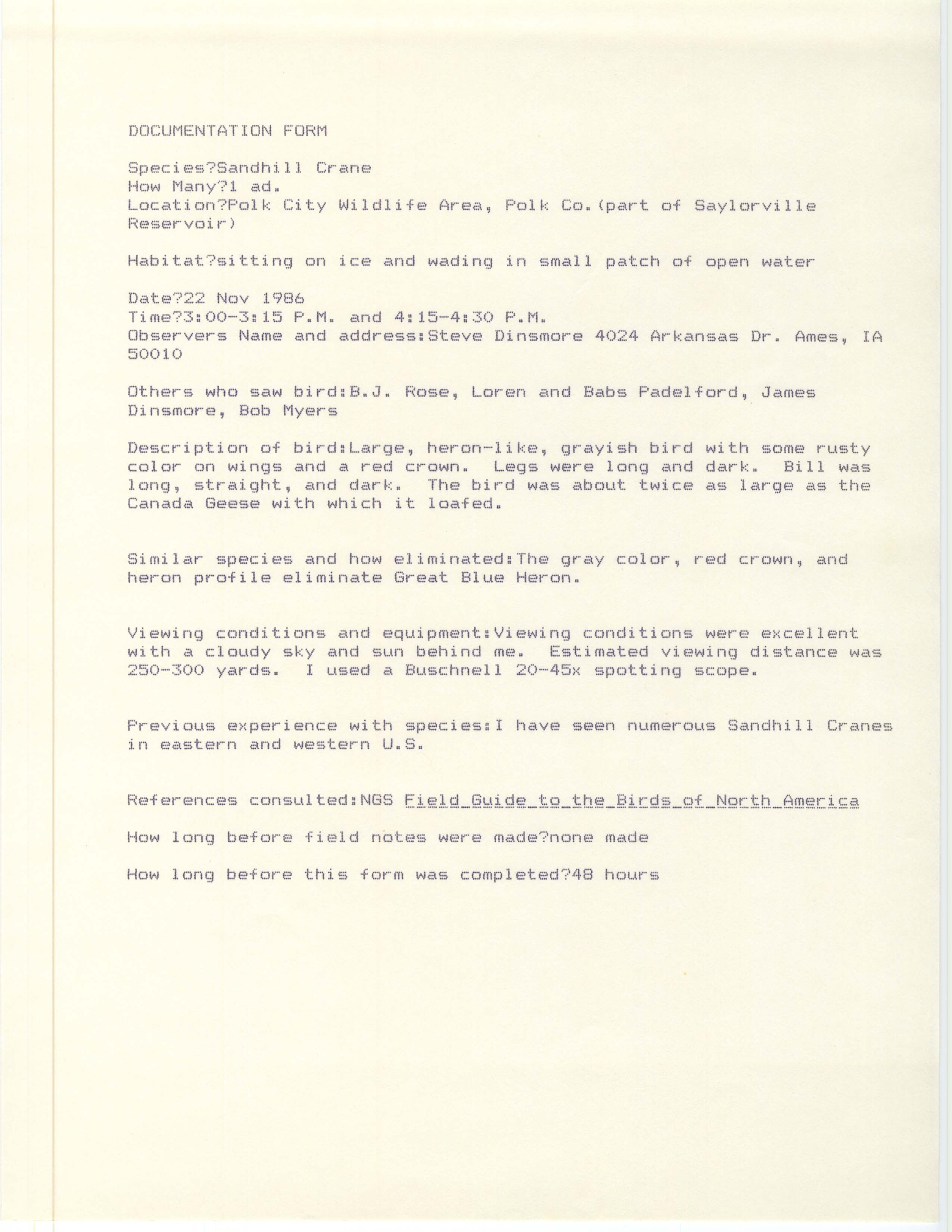 Rare bird documentation form for Sandhill Crane at Polk City Wildlife Area, 1986