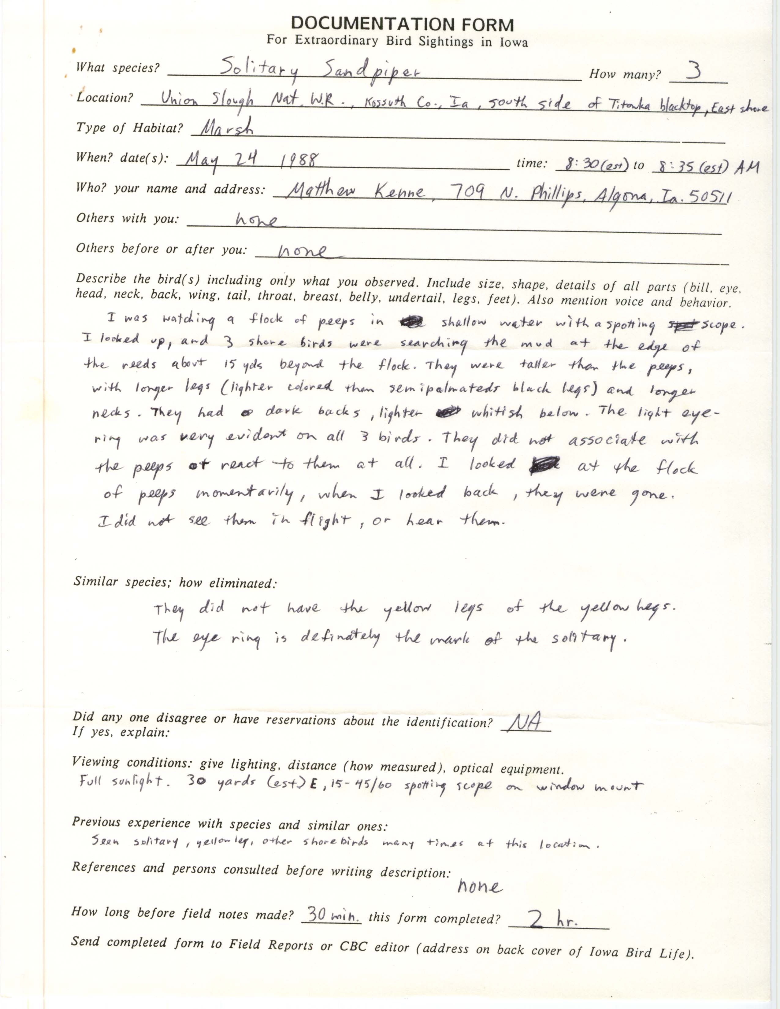 Rare bird documentation form for Solitary Sandpiper at Union Slough National Wildlife Refuge, 1988