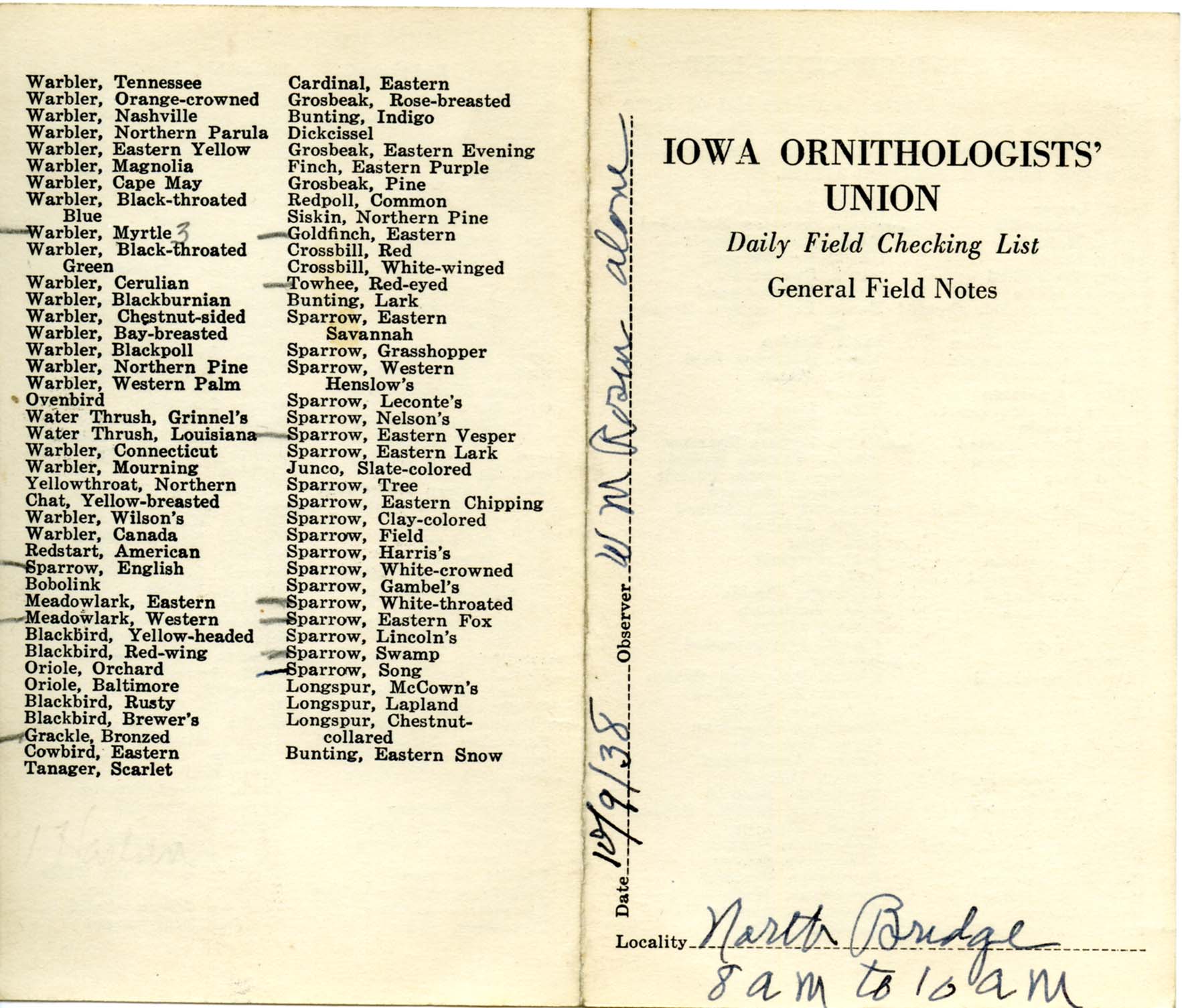 Daily field checking list by Walter Rosene, October 9, 1938
