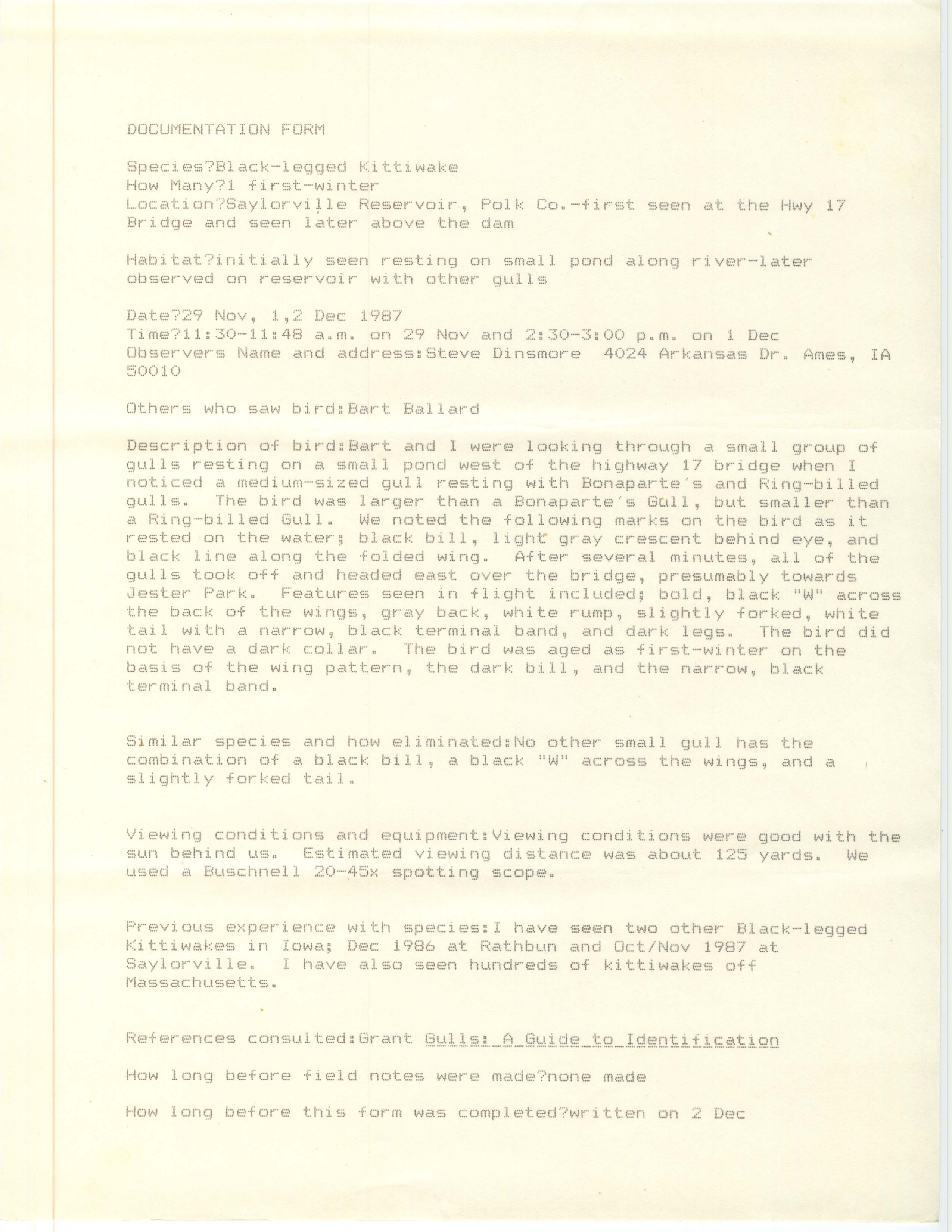 Rare bird documentation form for Black-legged Kittiwake at Saylorville Reservoir in 1987