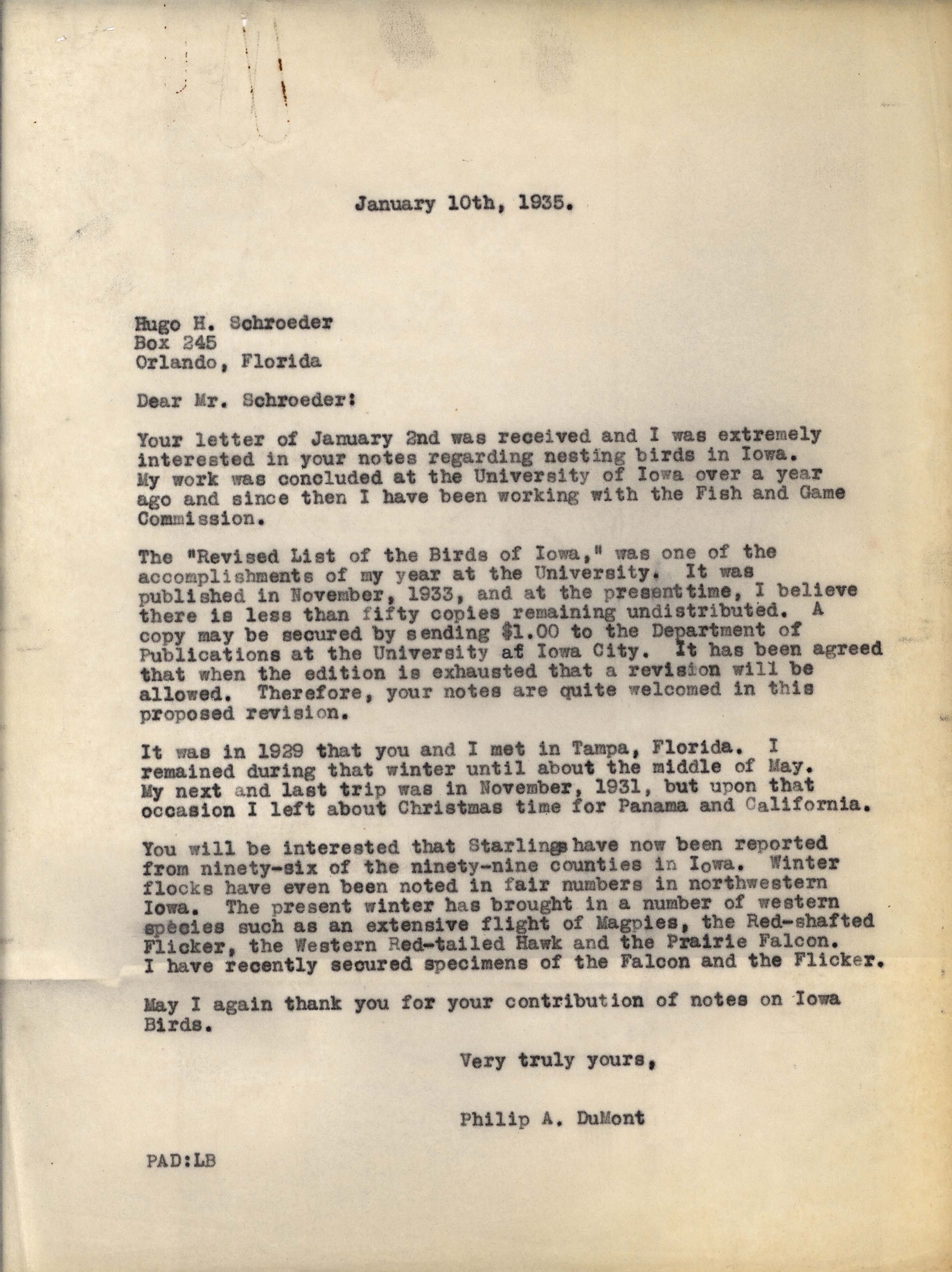 Philip DuMont letter to Hugo Schroder regarding nesting birds in Iowa, January 10, 1935