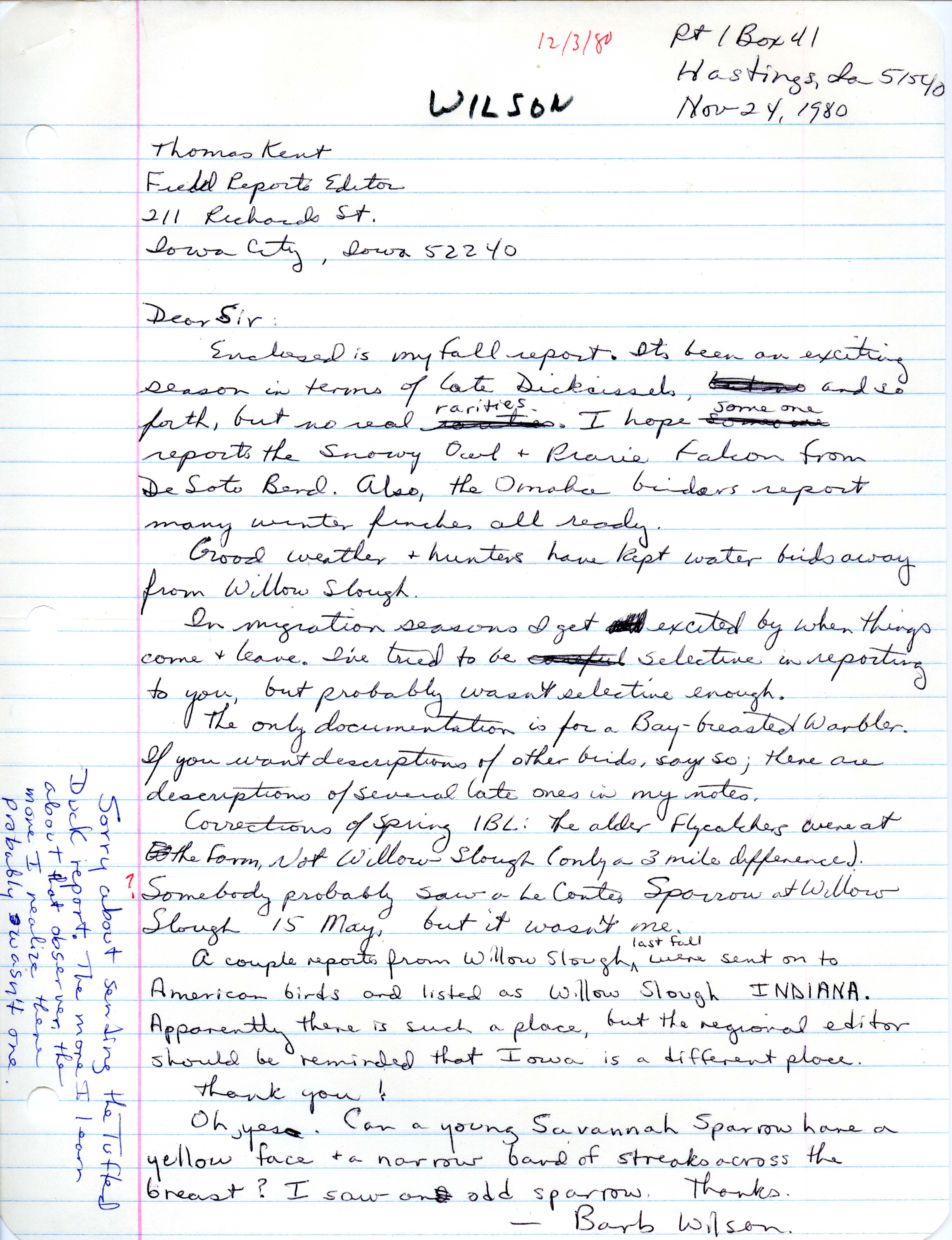 Barb Wilson letter to Thomas Kent regarding birds sighted in Fall, November 24, 1980