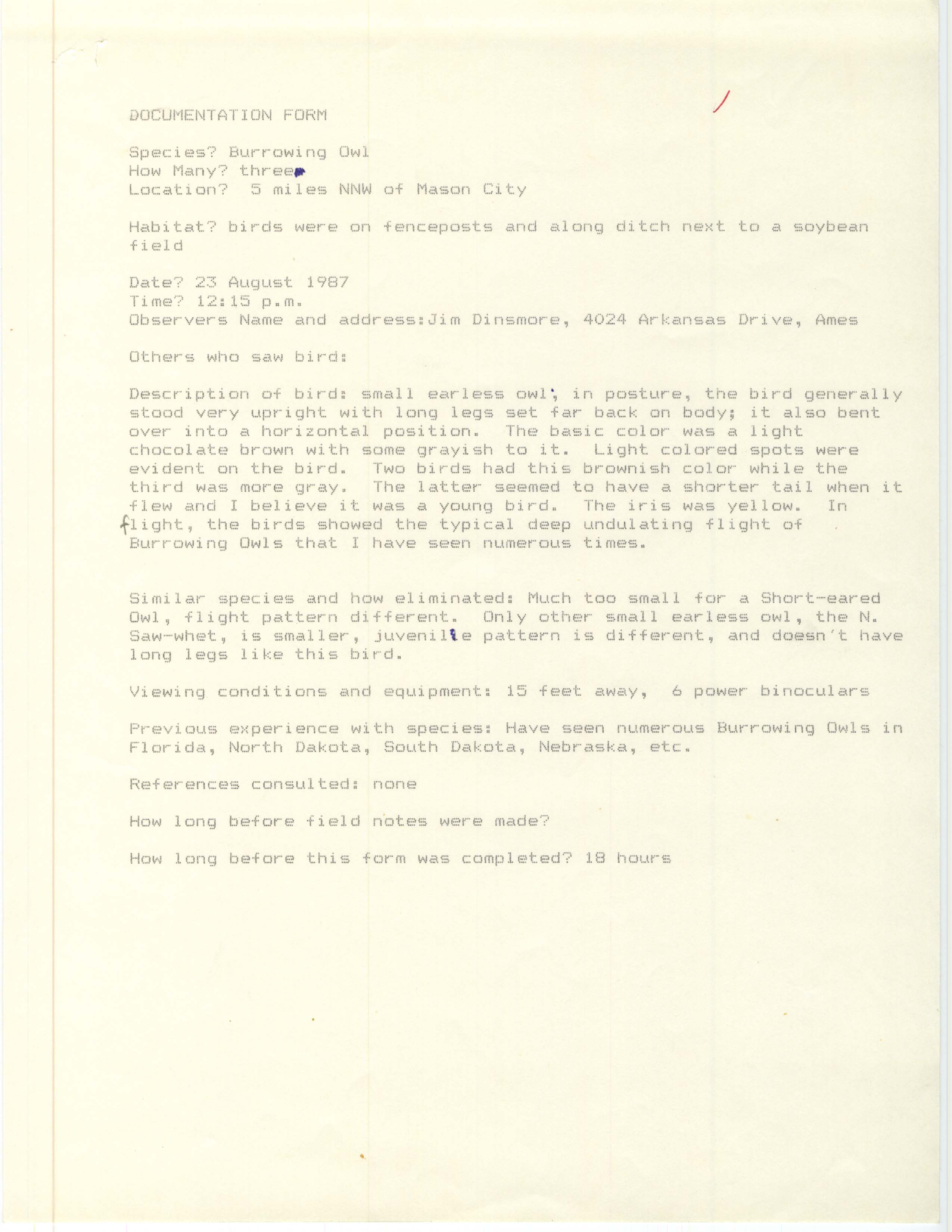 Rare bird documentation form for Burrowing Owl north-northwest of Mason City, 1987