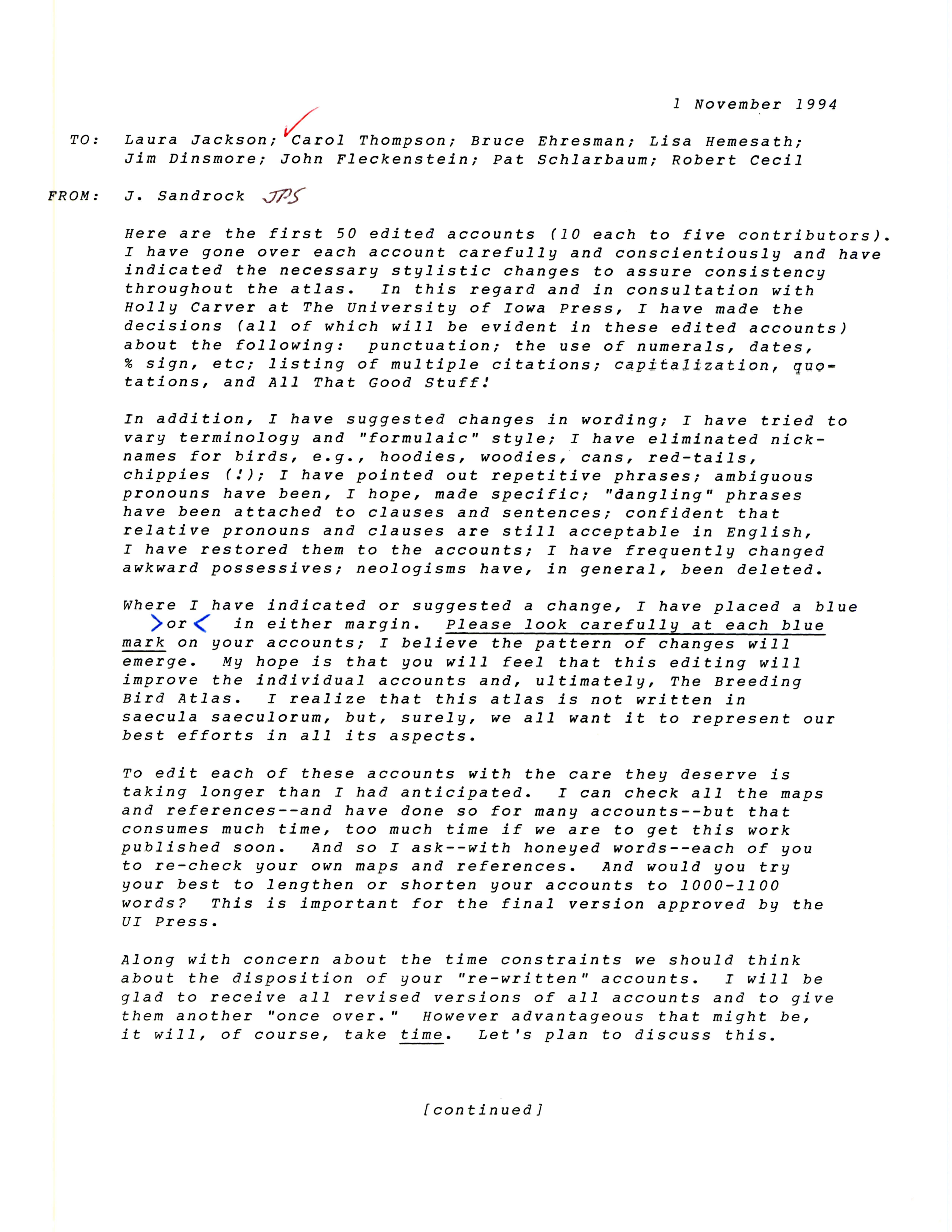 James P. Sandrock letter to individuals involved in the Breeding Bird Atlas Project regarding publication details, November 1, 1994