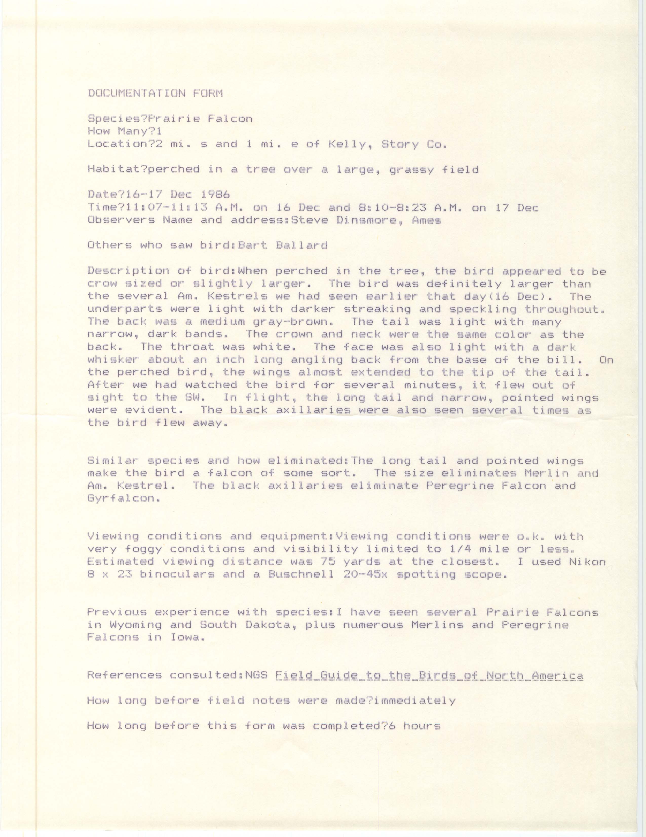 Rare bird documentation form for Prairie Falcon southeast of Kelley, 1986