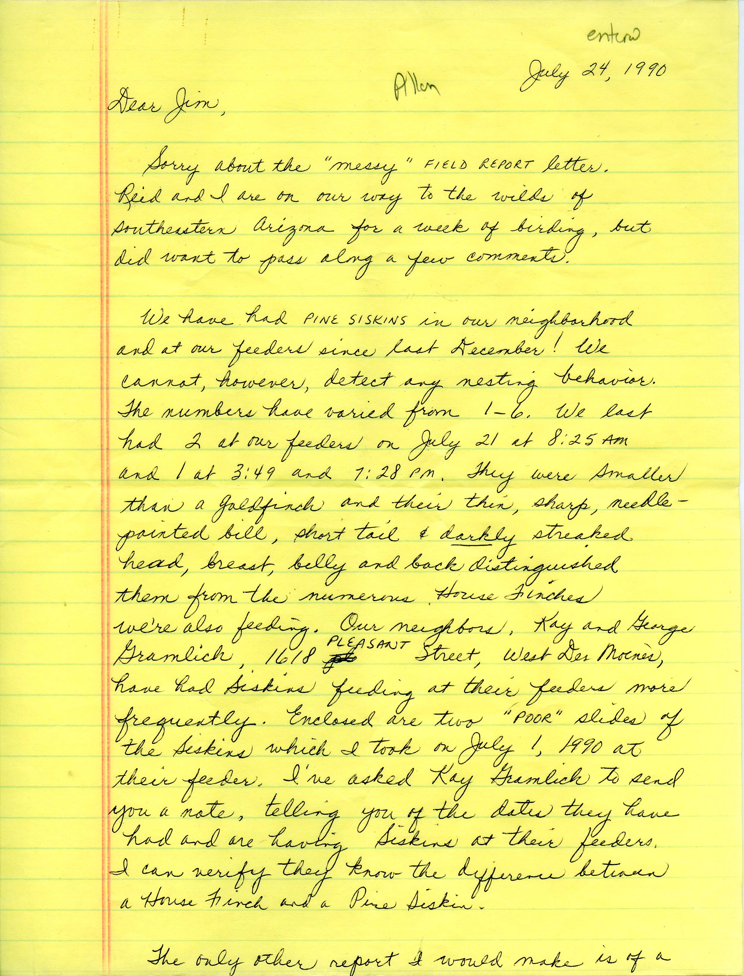 Pam and Reid Allen letter to Jim Dinsmore regarding bird sightings for IOU quarterly field report for summer 1990, July 24, 1990