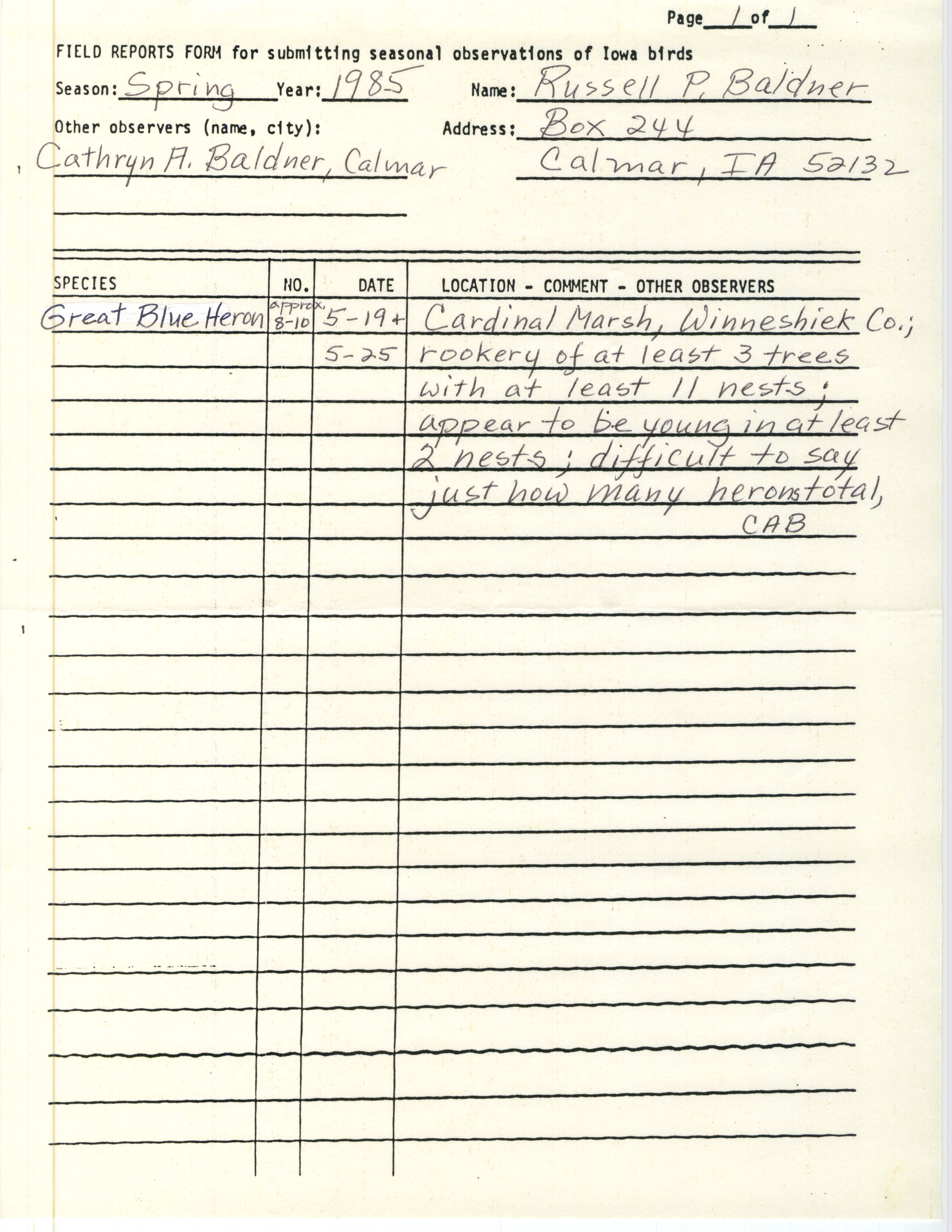 Field reports form, contributed by Russell P. Baldner and Cathryn A. Baldner, spring 1985