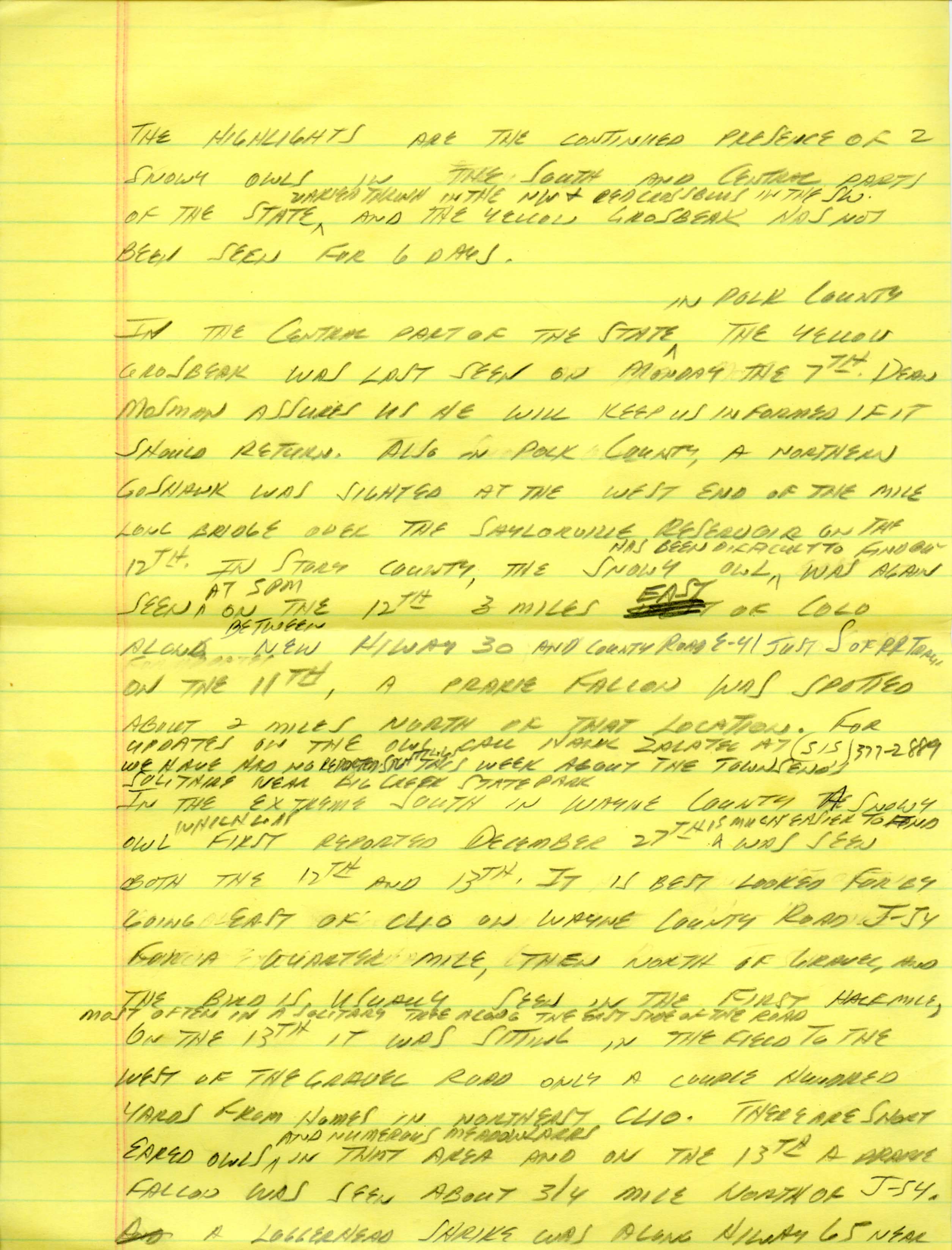 Iowa Birdline update, January 14, 1991 notes