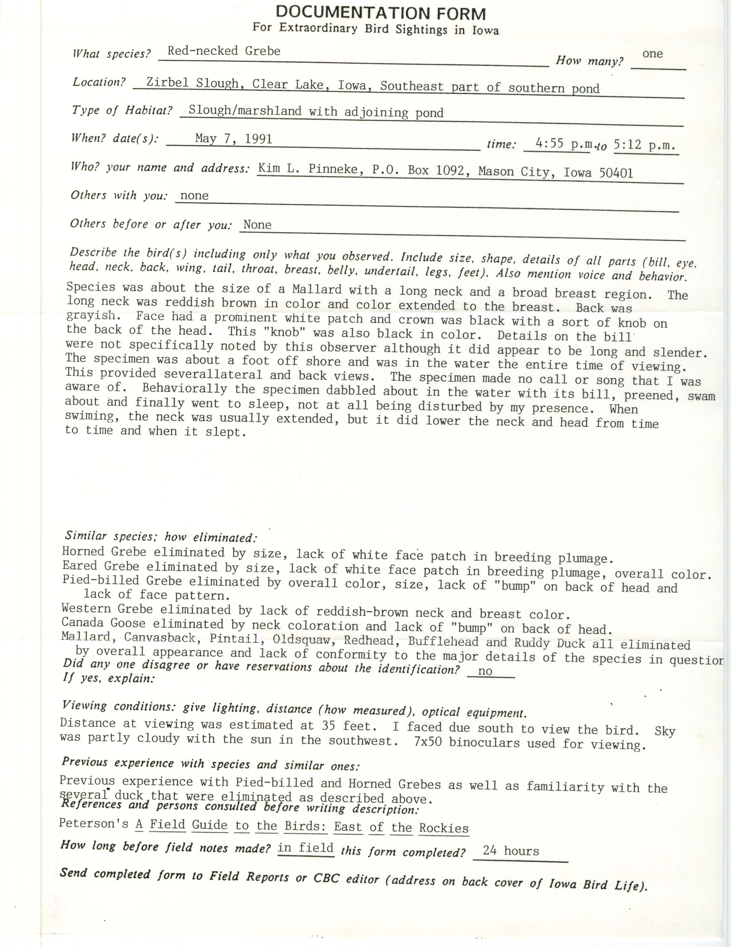 Rare bird documentation form for Red-necked Grebe at Zirbel Slough, 1991