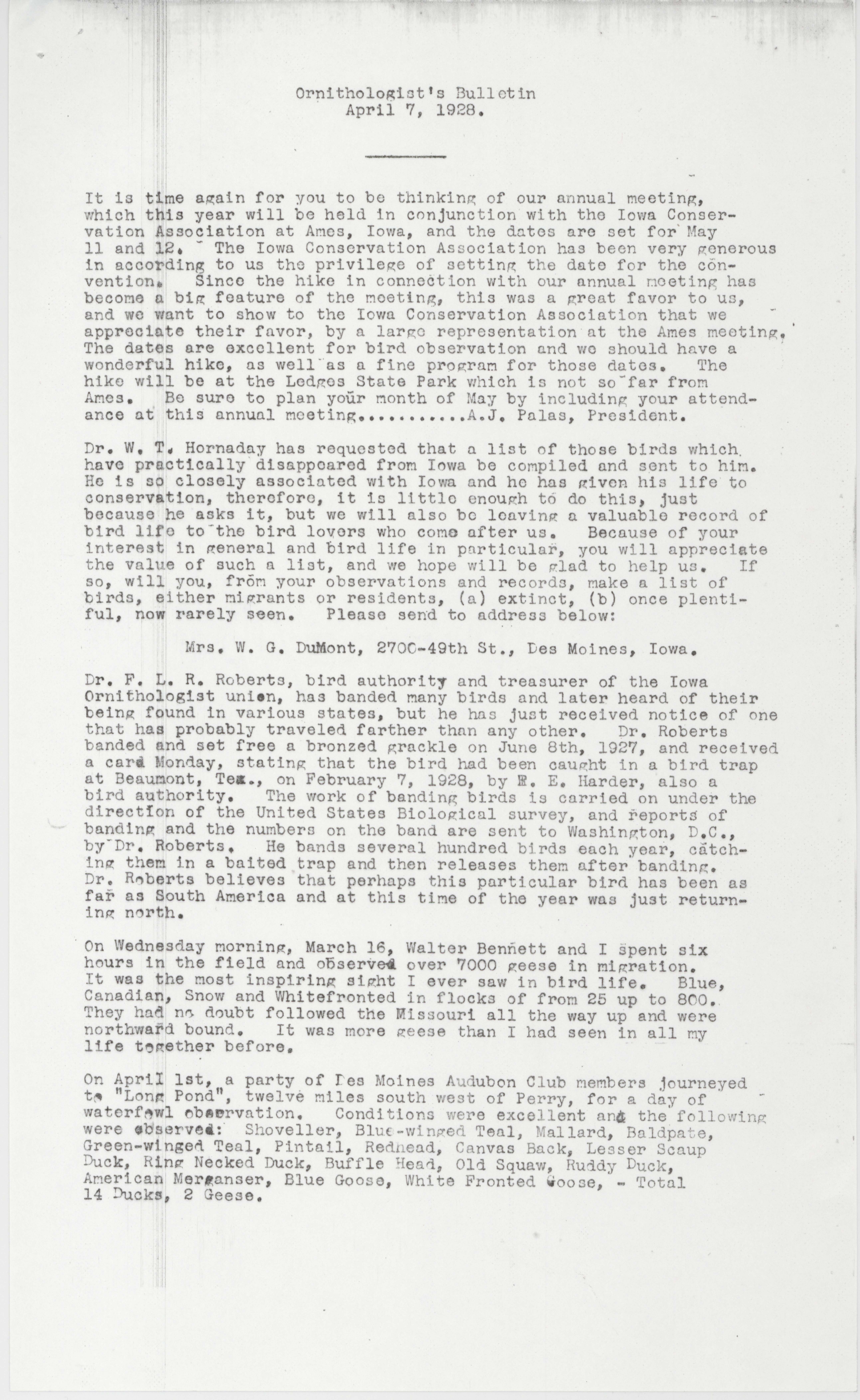 Letter to members of the Iowa Ornithologists' Union regarding the annual meeting, April 7, 1928