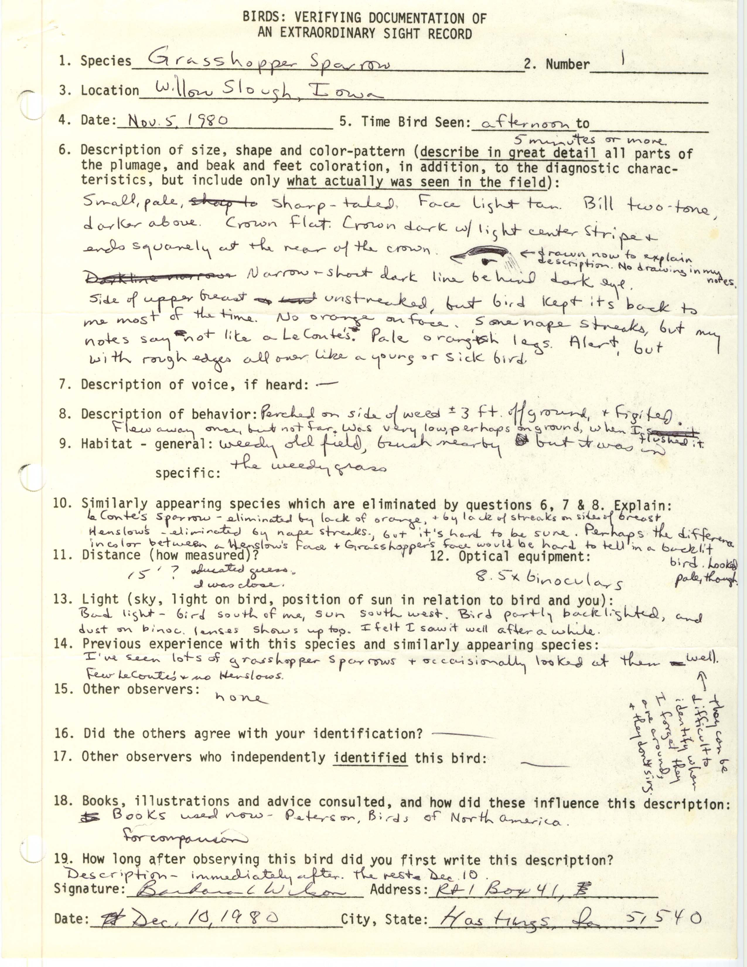 Rare bird documentation form for Grasshopper Sparrow at Willow Slough, 1980