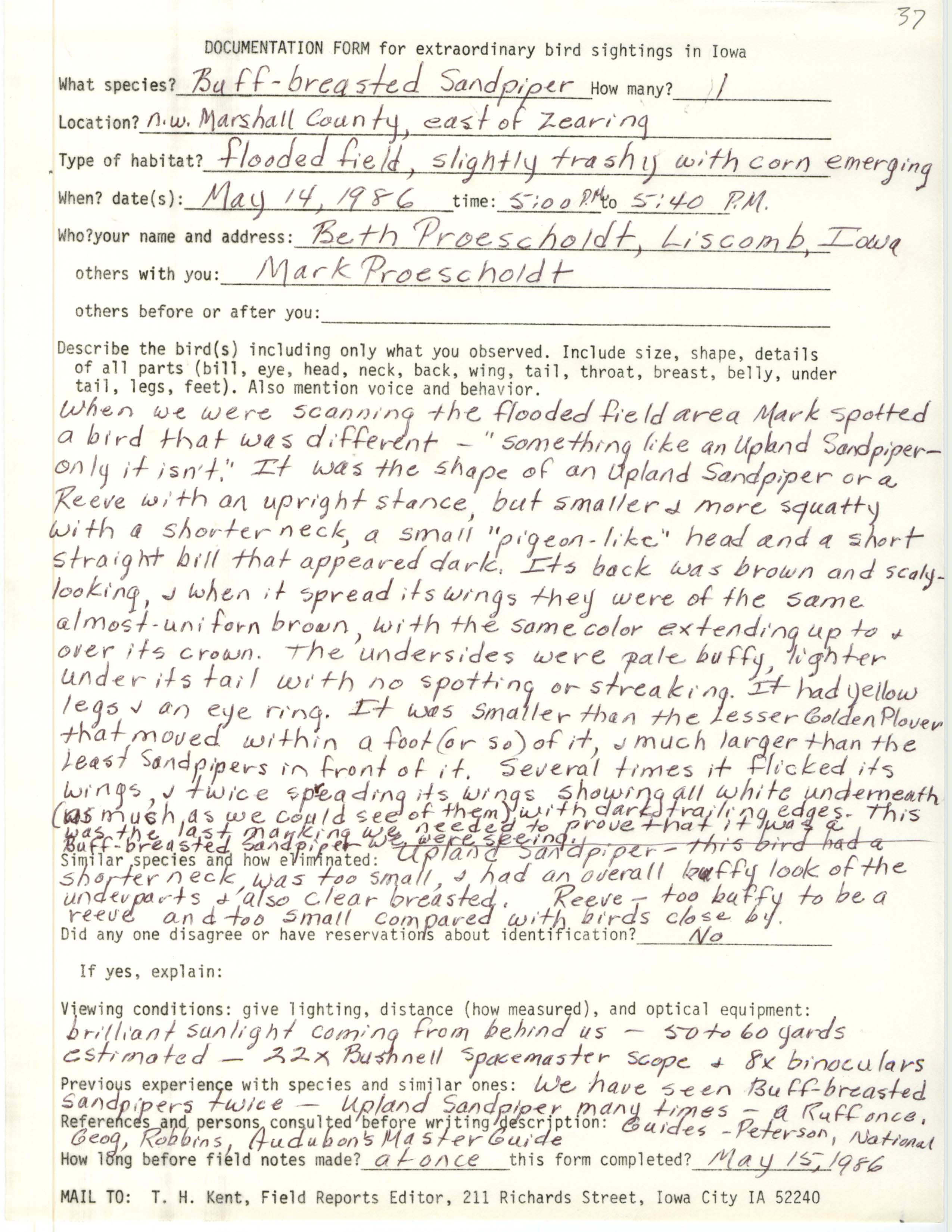 Rare bird documentation form for Buff-breasted Sandpiper east of Zearing, 1986