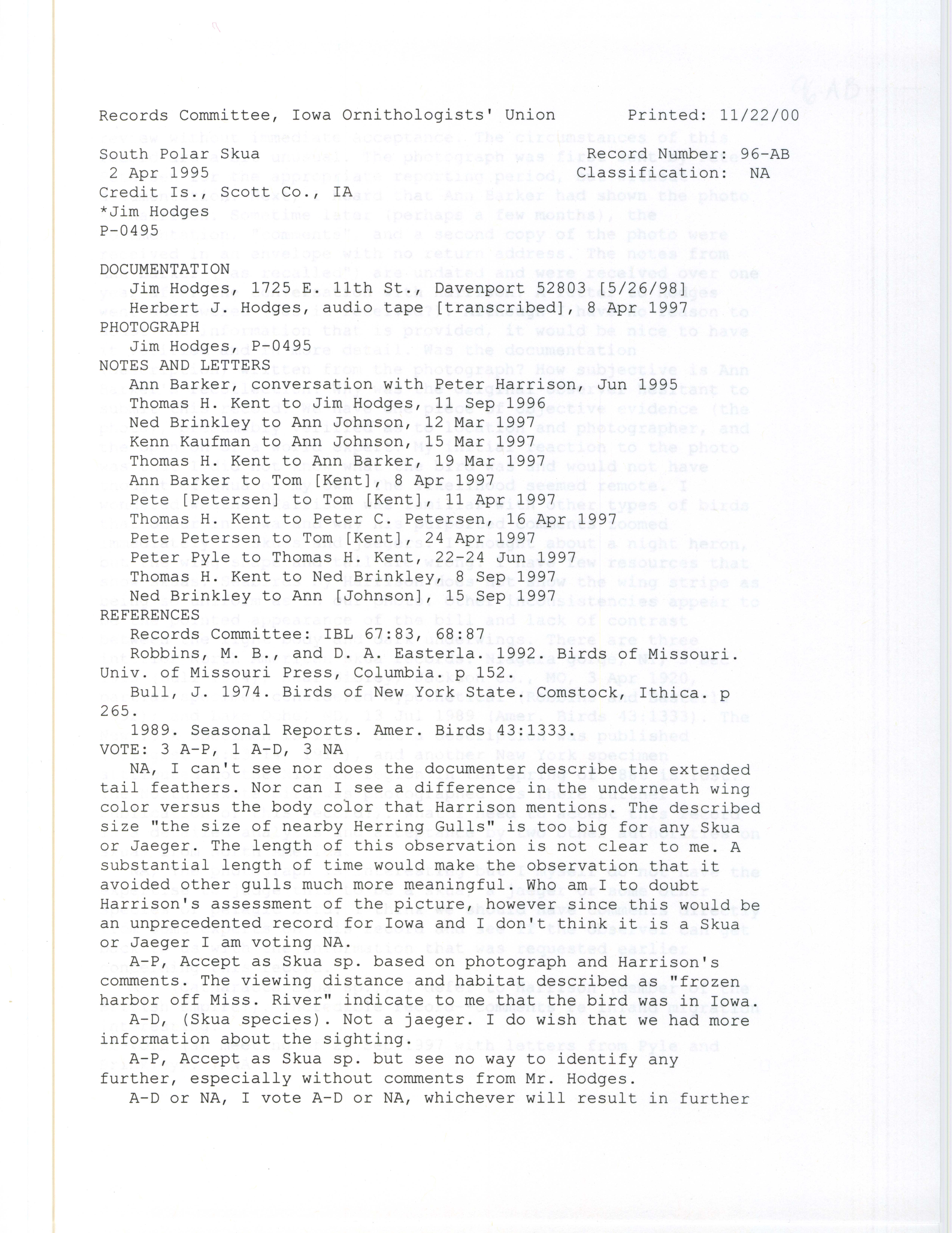 Records Committee review for rare bird sighting of South Polar Skua at Credit Island, 1995