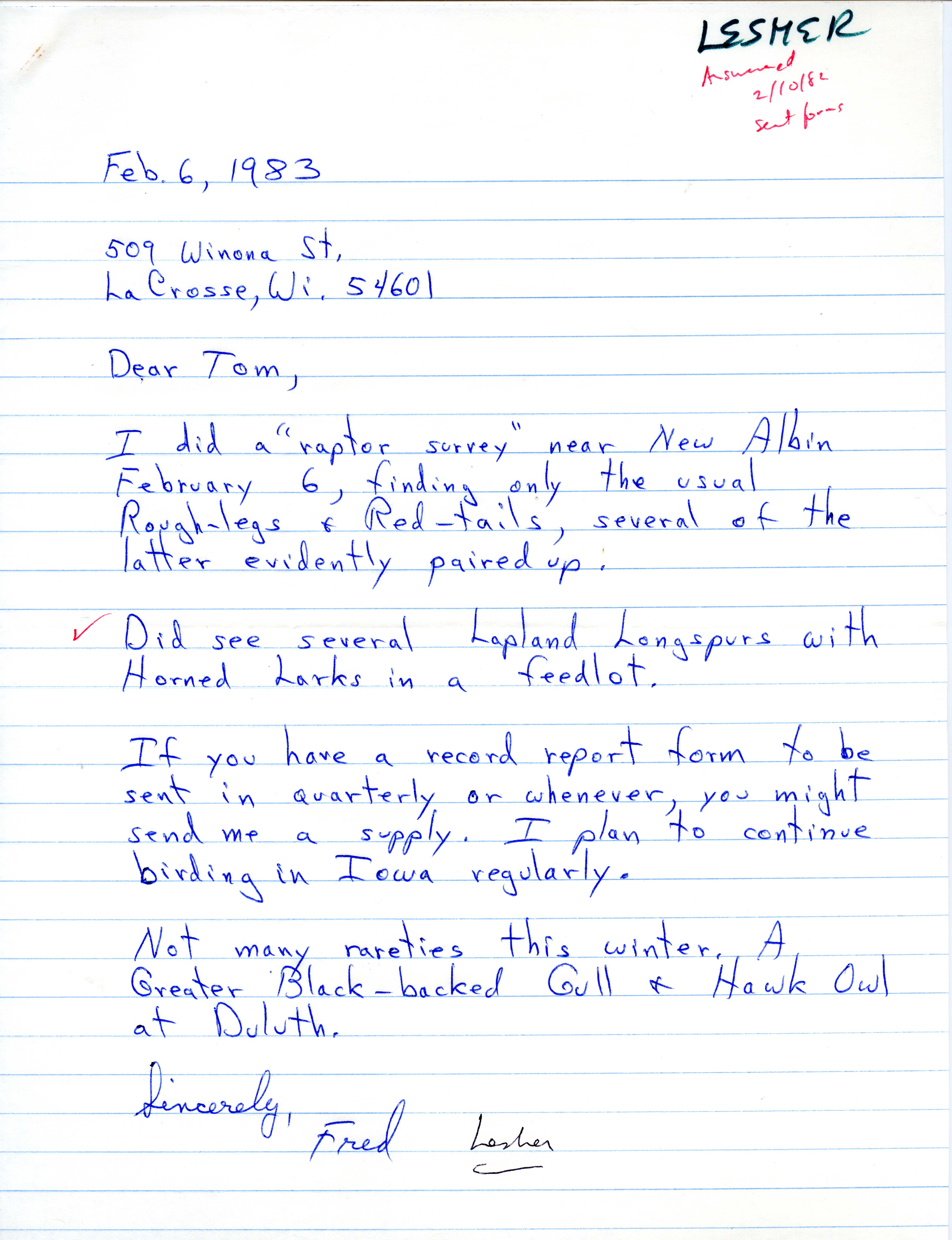 Fred Lesher letter to Thomas H. Kent regarding a raptor survey and winter bird sightings, February 6, 1983