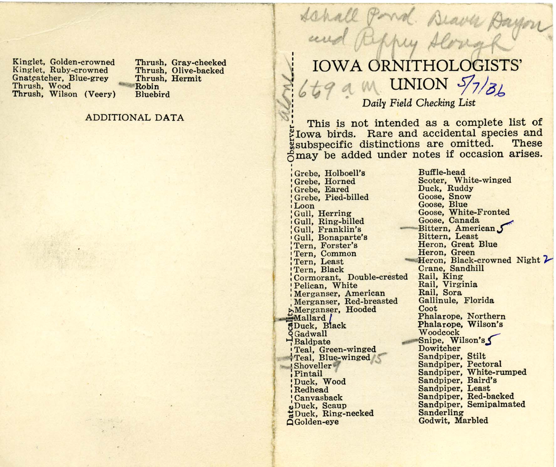 Daily field checking list by Walter Rosene, May 7, 1936