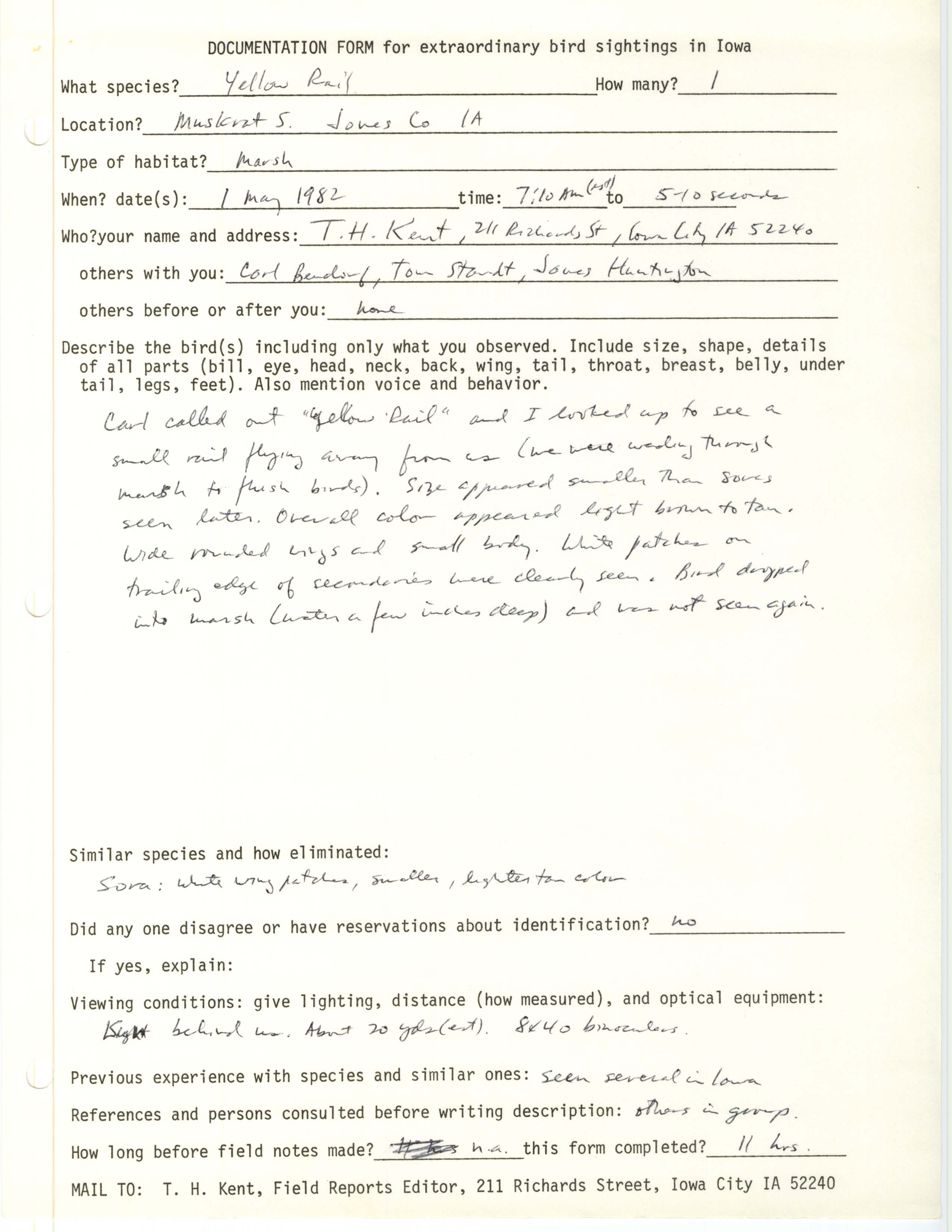 Rare bird documentation form for Yellow Rail at Muskrat Slough, 1982