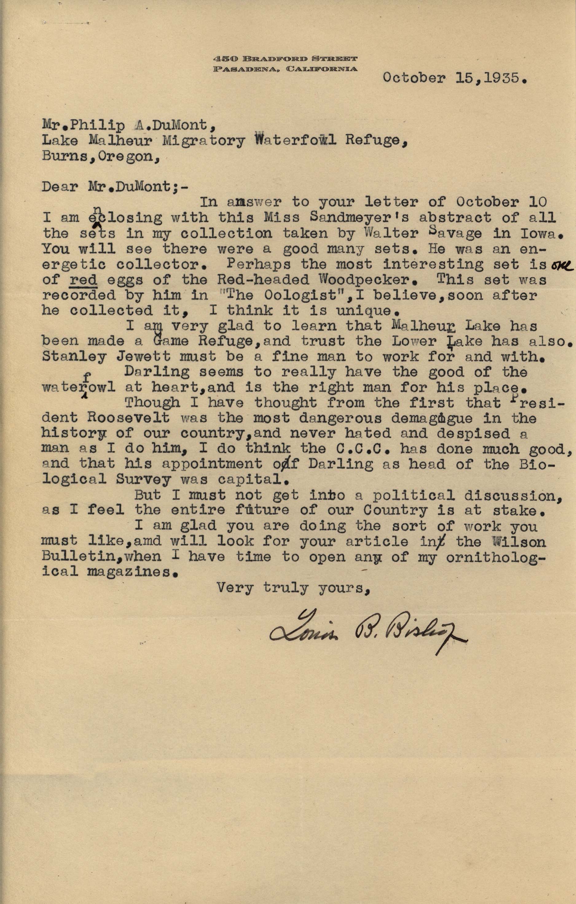 Louis Bishop letter to Philip DuMont regarding Walter Savage collection, October 15, 1935