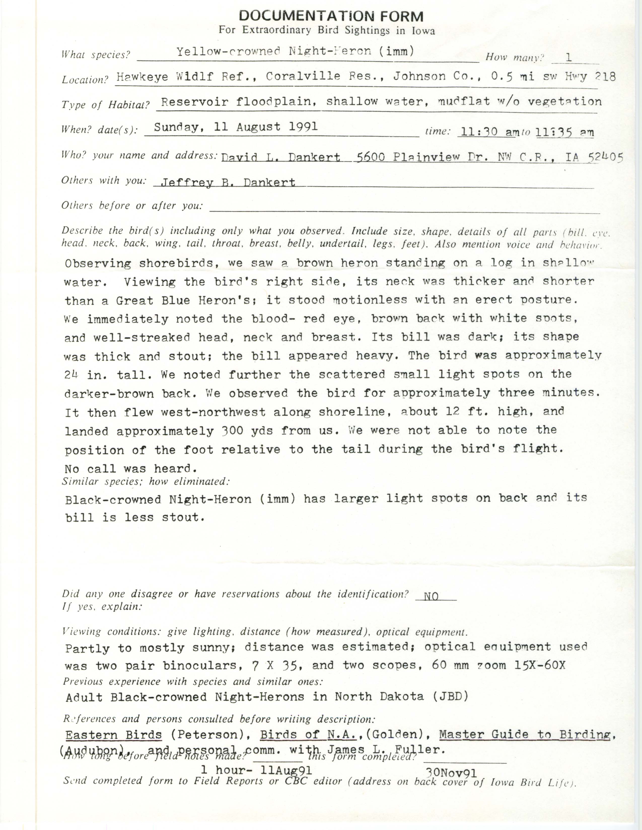 Rare bird documentation form for Yellow-crowned Night Heron at Hawkeye Wildlife Management Area, 1991