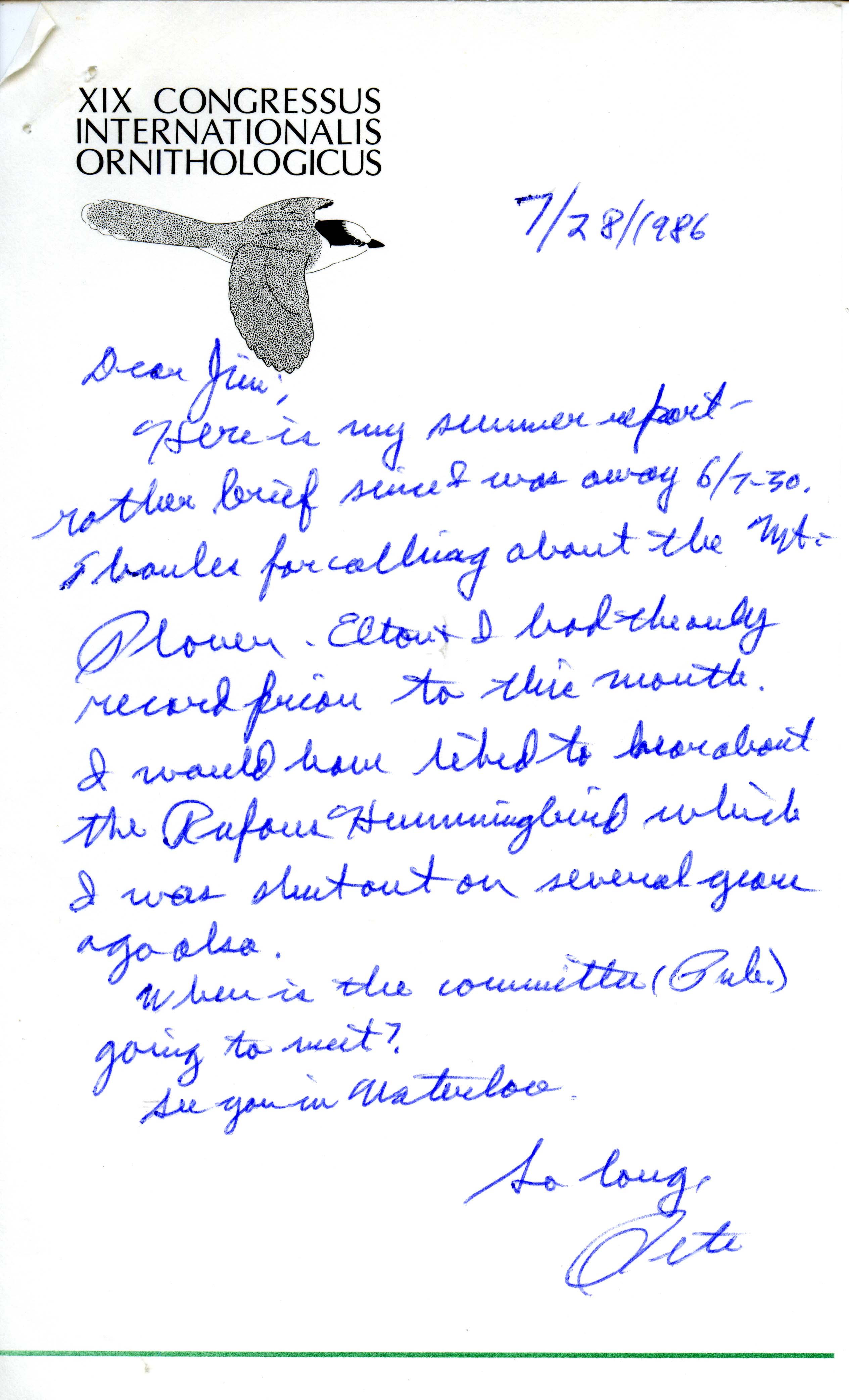 Field notes and Peter C. Petersen letter to James J. Dinsmore, July 28, 1986