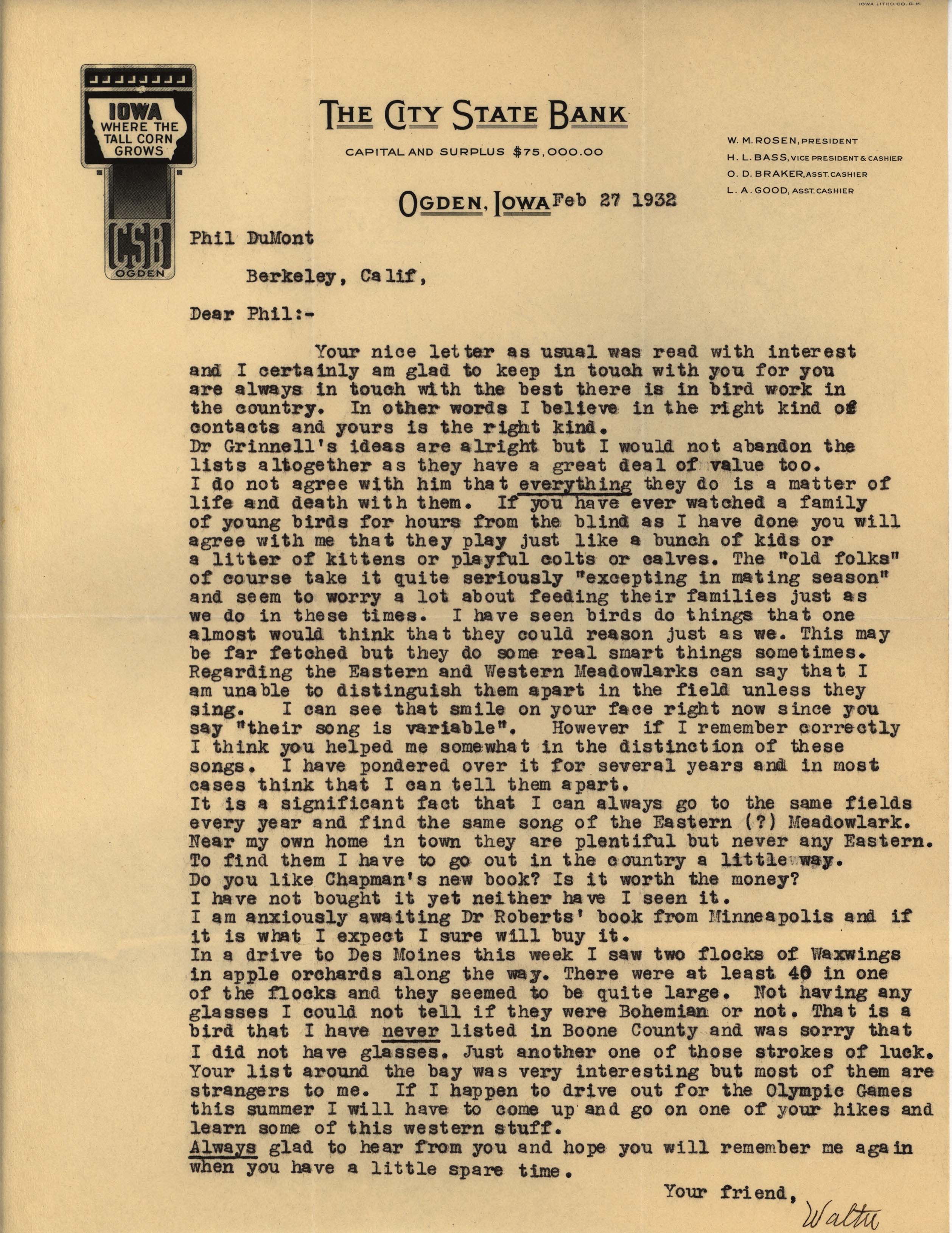 Walter Rosene letter to Philip DuMont regarding bird behavior, February 27, 1932