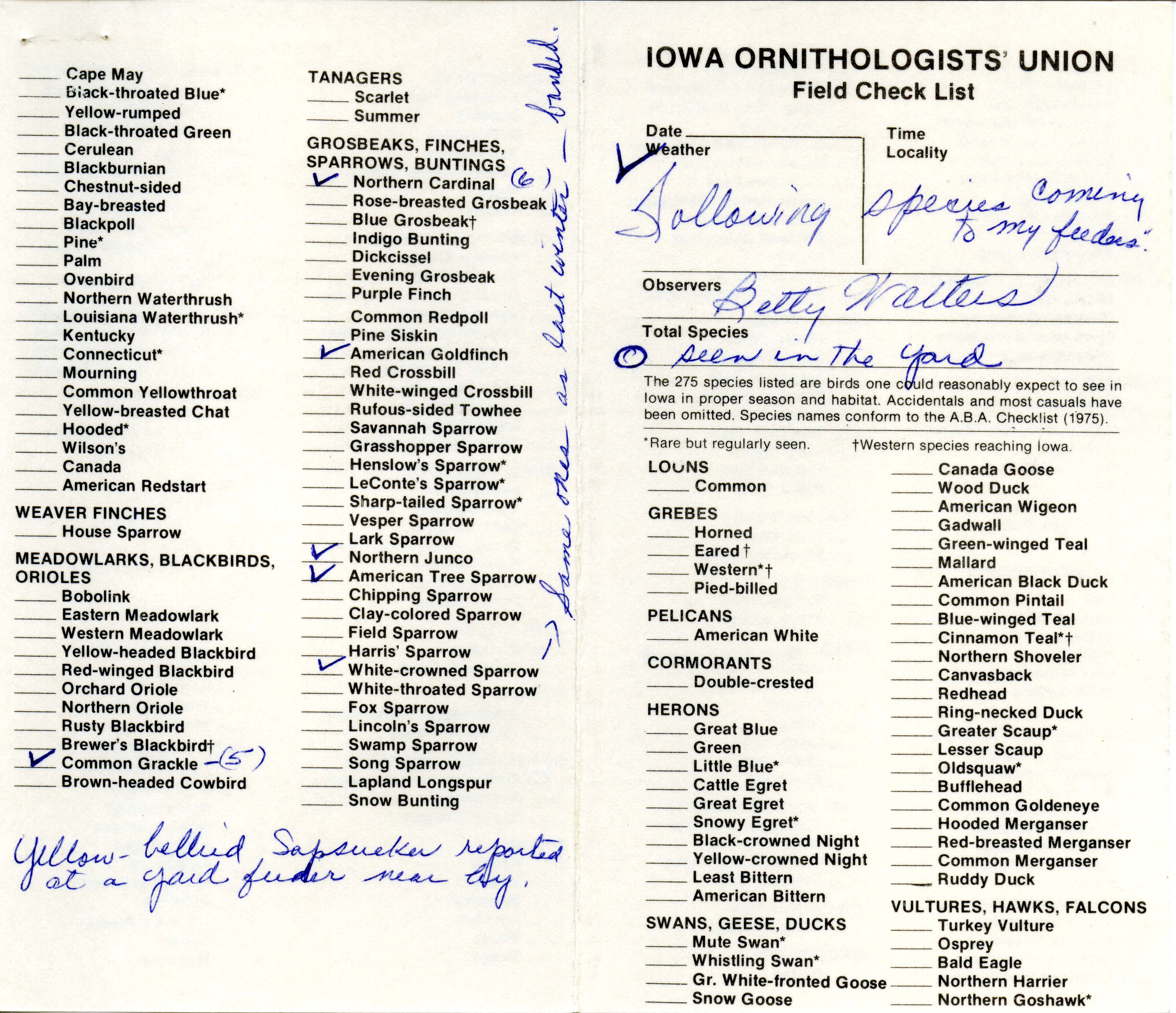 Iowa Ornithologists' Union field check list, winter 1979-1980