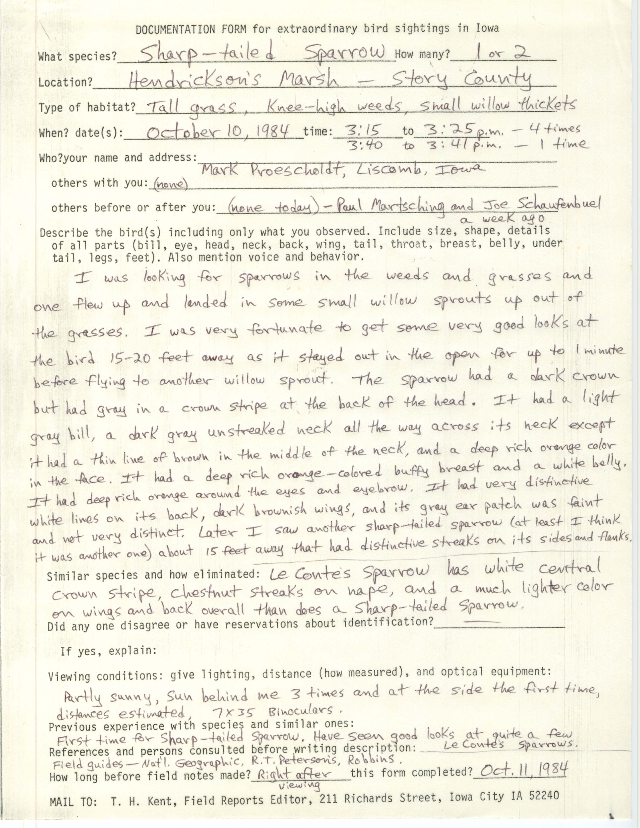 Rare bird documentation form for Sharp-tailed Sparrow at Hendrickson Marsh, 1984