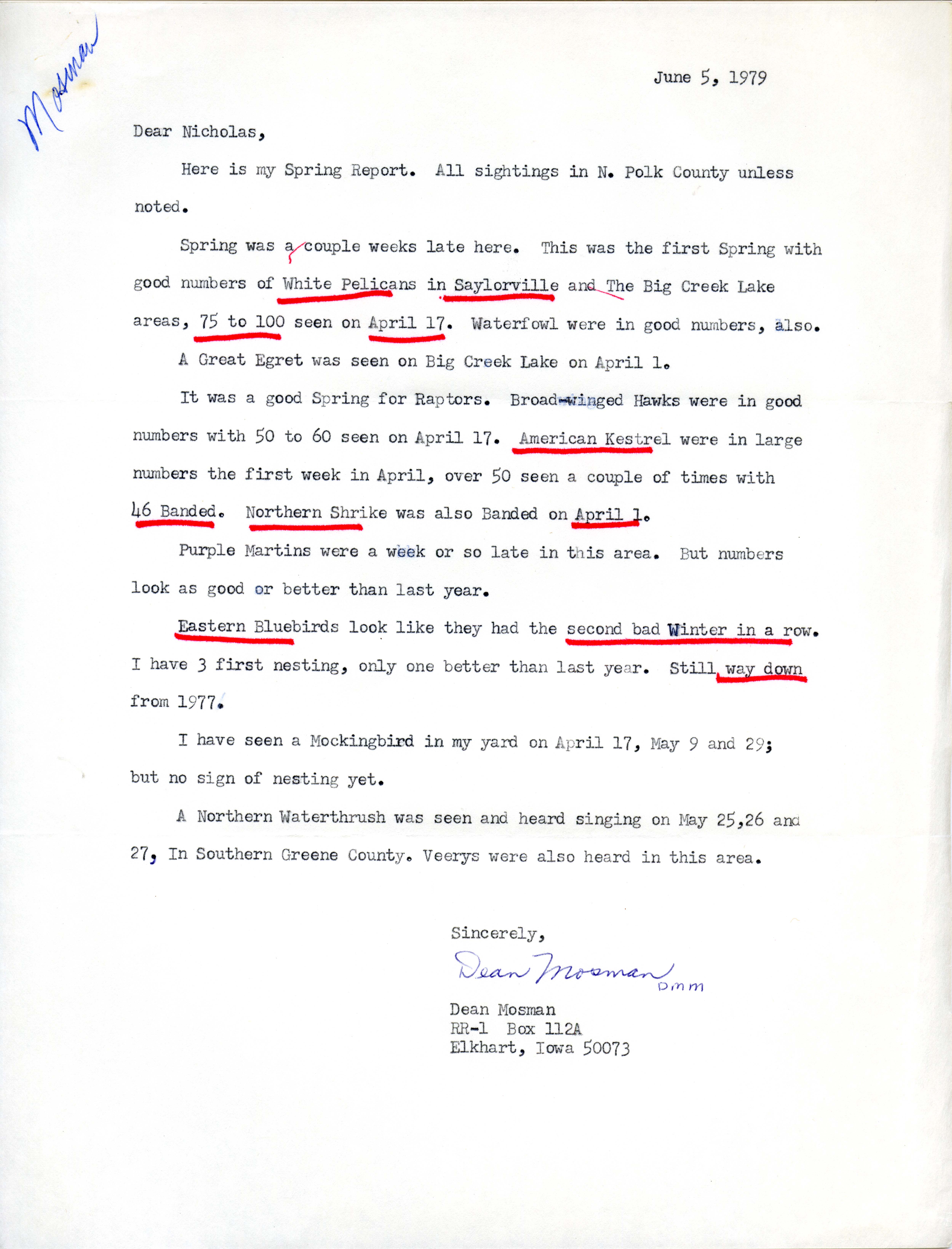 Dean Mosman letter to Nicholas S. Halmi regarding spring bird sightings, June 5, 1979