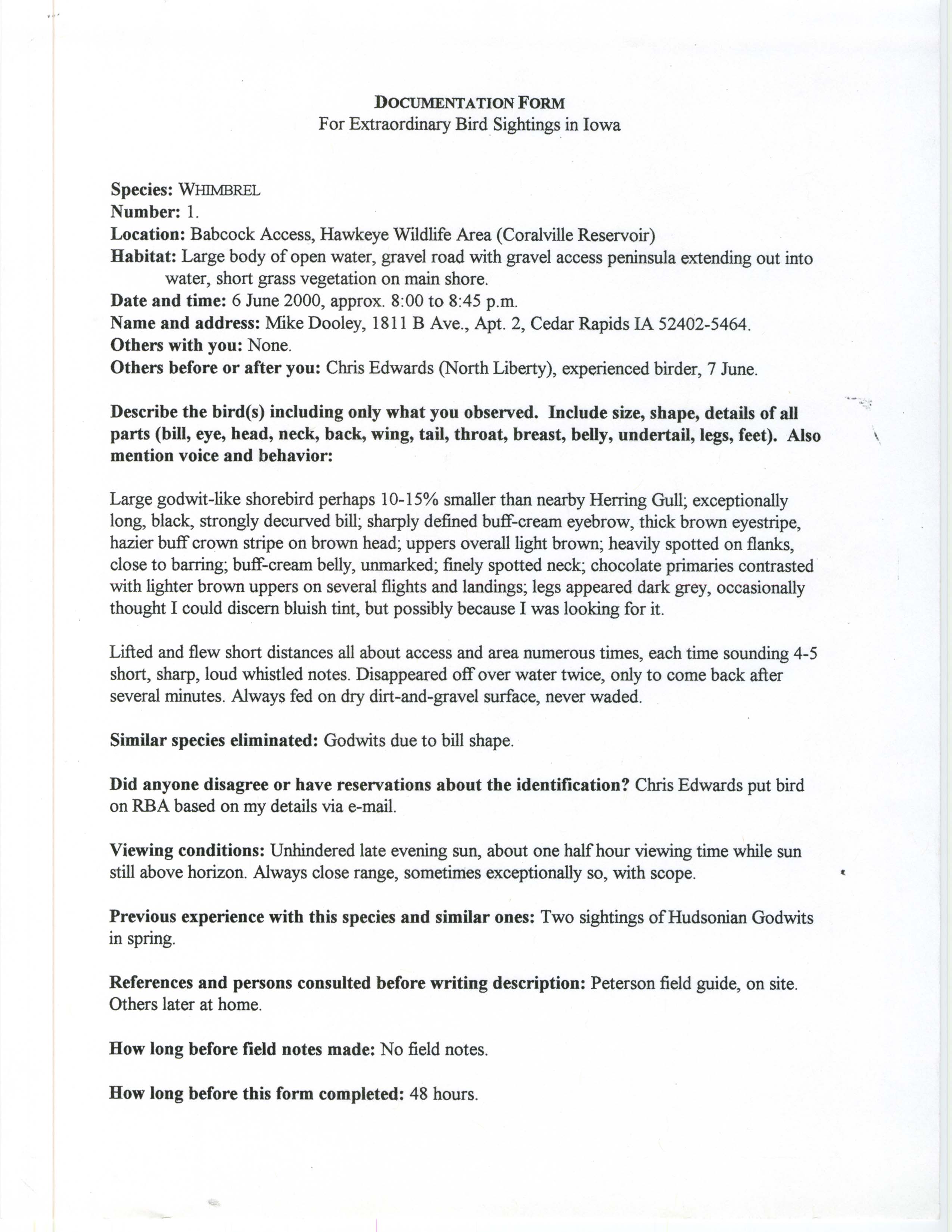Documentation form for extraordinary bird sightings in Iowa, Whimbrel, Michael C. Dooley, June 6, 2000