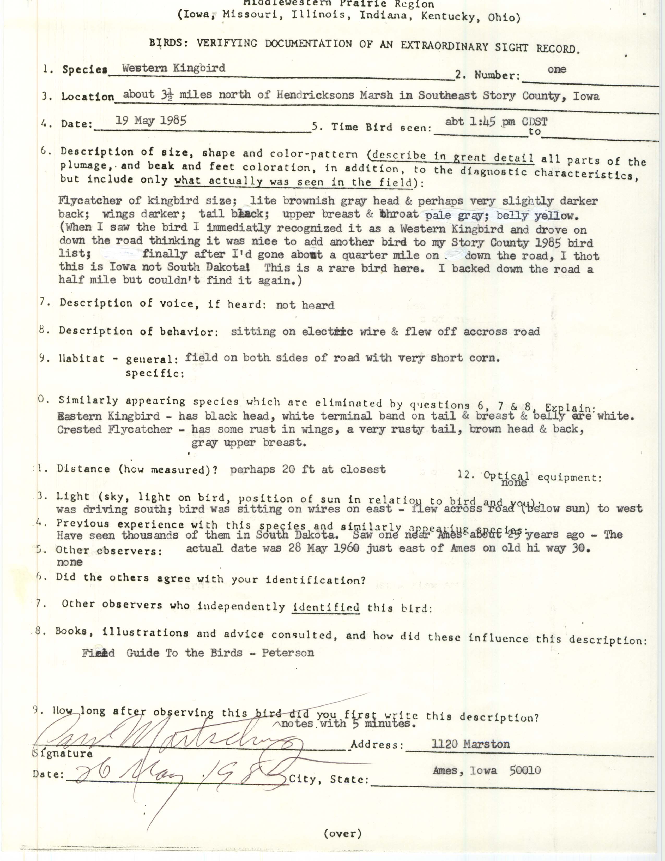 Rare bird documentation form for Western Kingbird north of Hendrickson Marsh, 1984