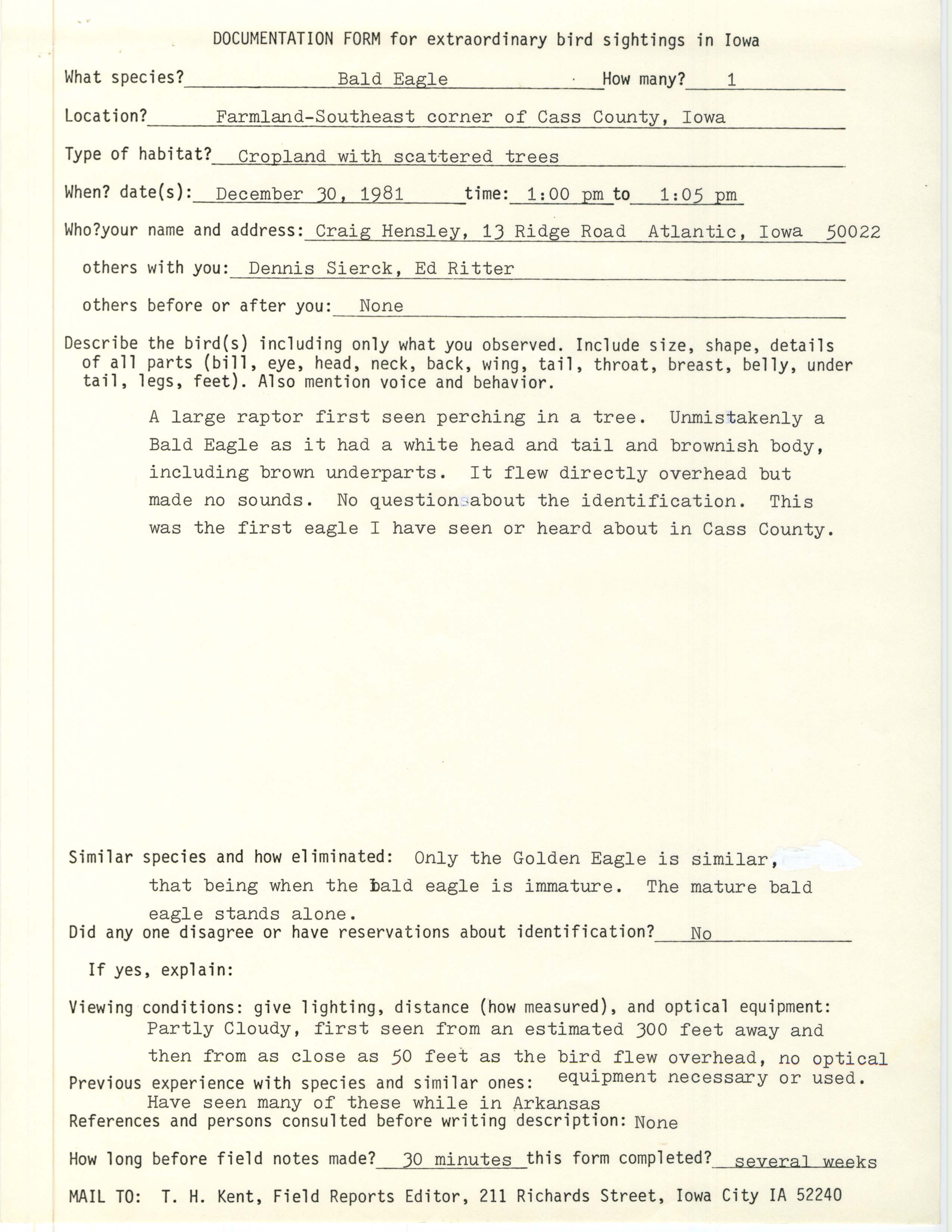 Rare bird documentation form for Bald Eagle at Cass County, 1981
