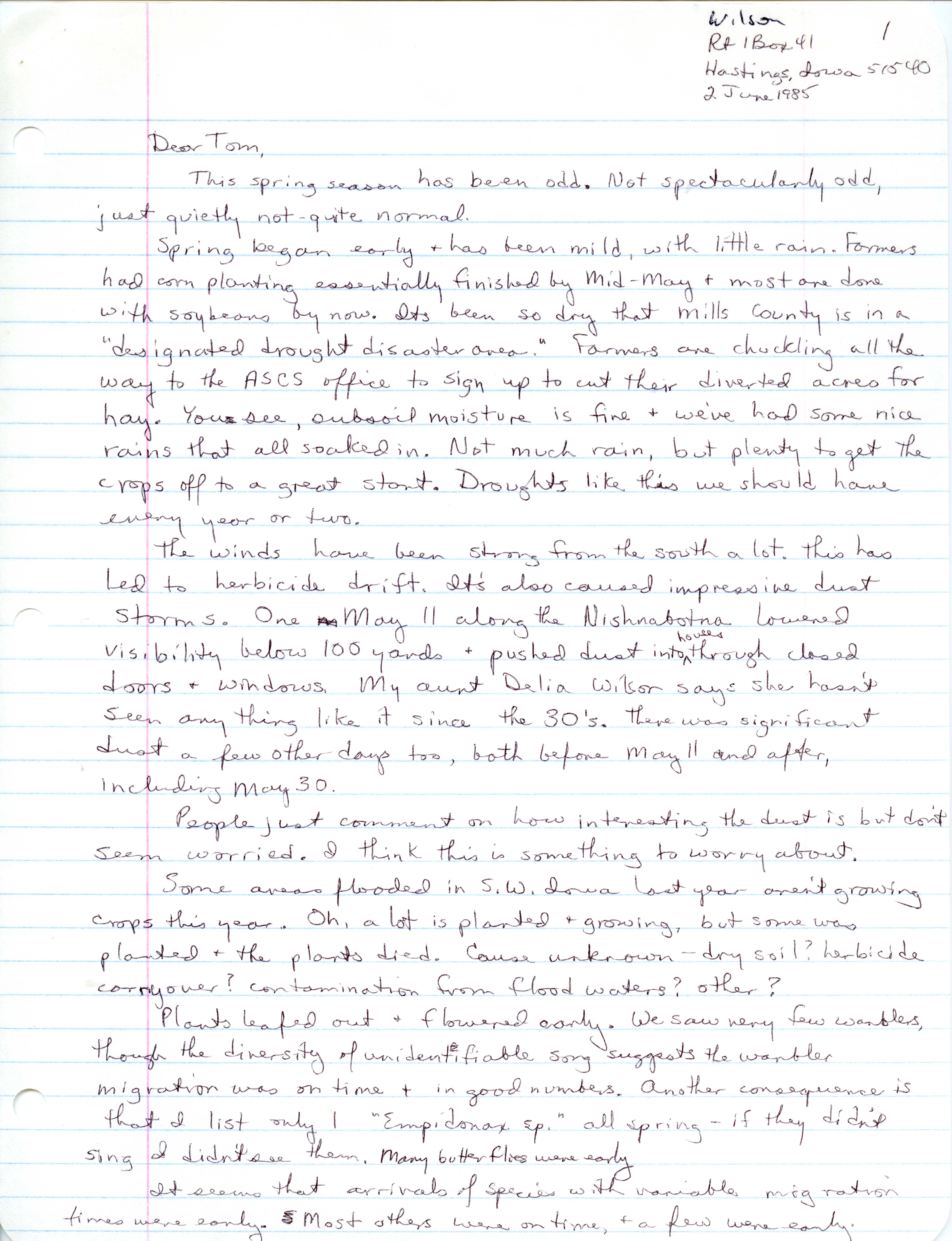 Barb L. Wilson letter to Thomas H. Kent regarding weather and bird migration, June 2, 1985, with accompanying field notes