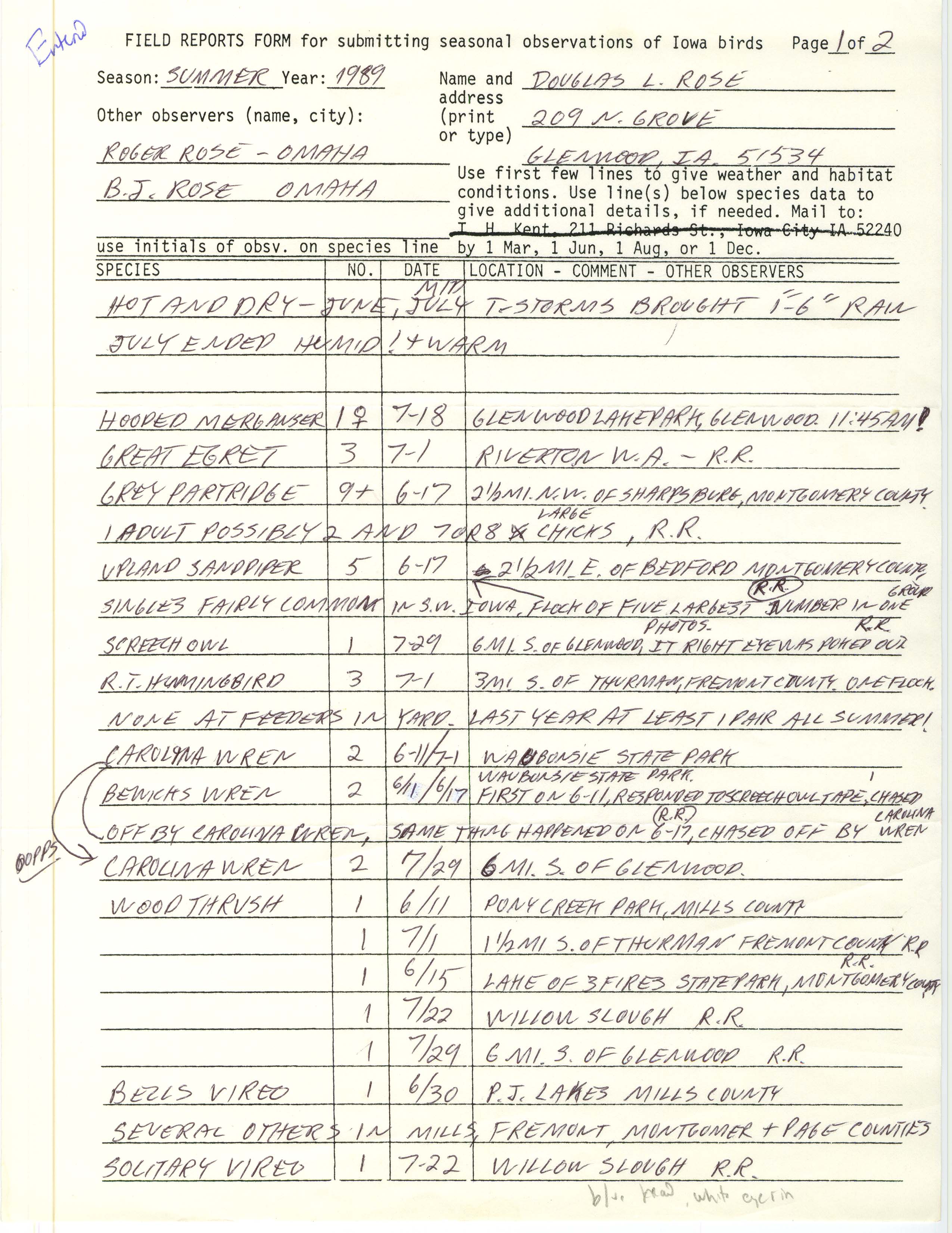 Field reports form for submitting seasonal observations of Iowa birds, Douglas Rose, summer 1989