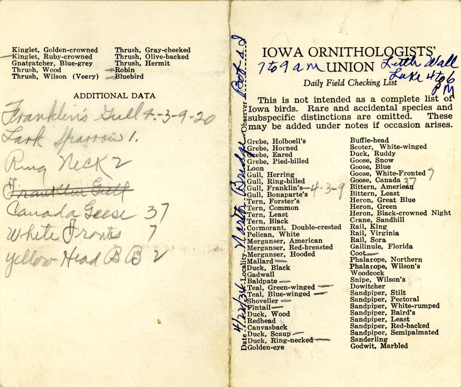 Daily field checking list, Walter Rosene, April 22, 1934