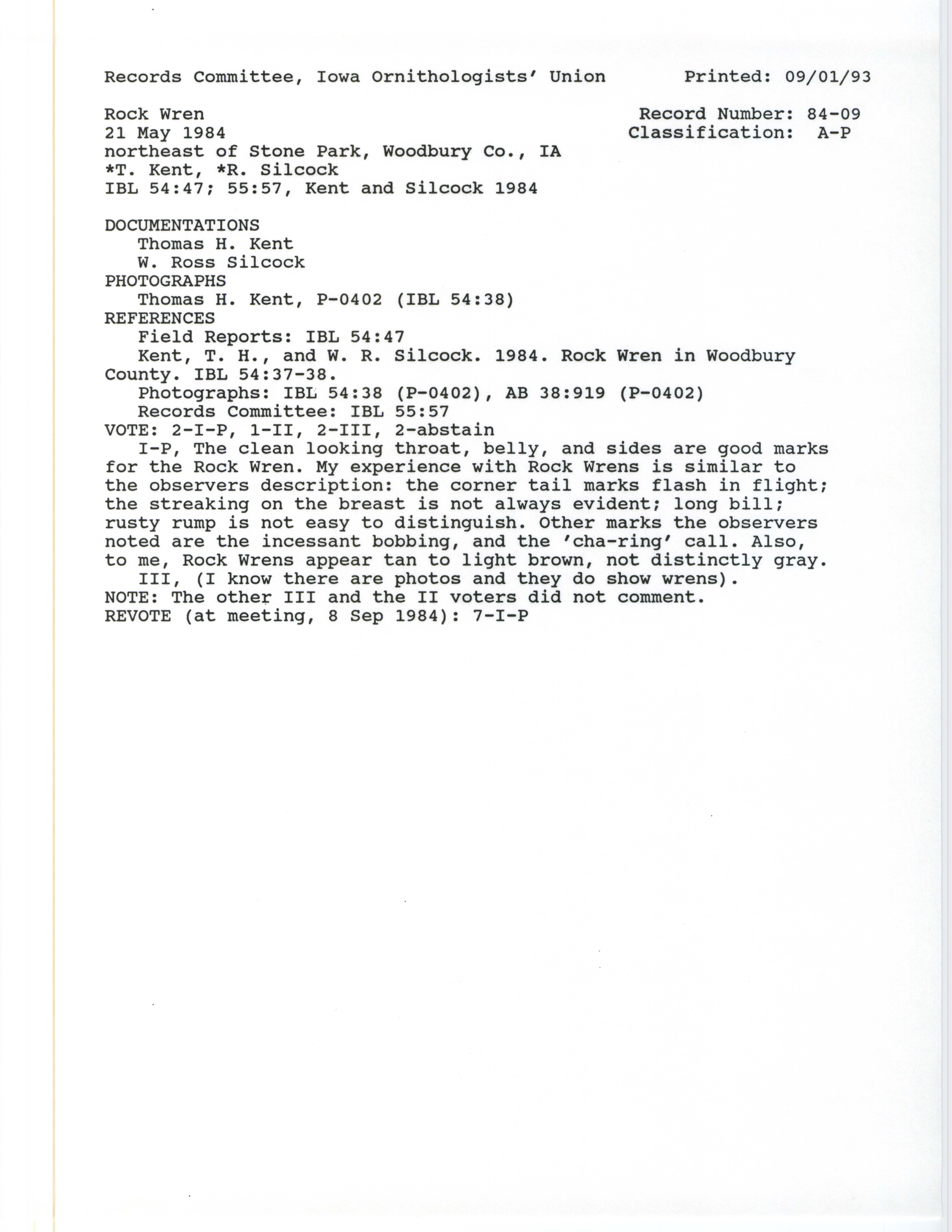 Records Committee review for rare bird sighting for Rock Wren north of Stone State Park, 1984