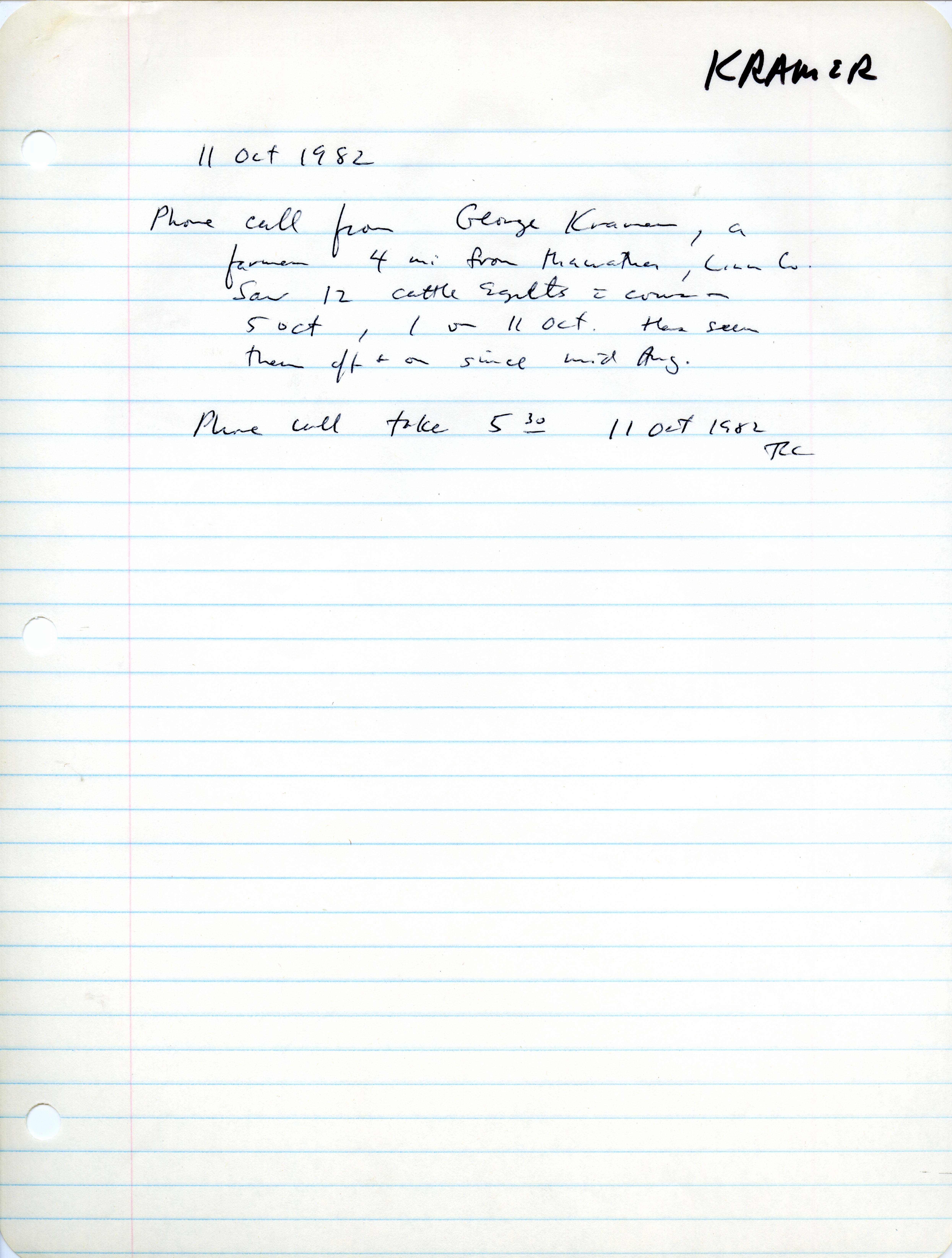 Field note from George Kramer regarding Cattle Egrets sighting, October 11, 1982