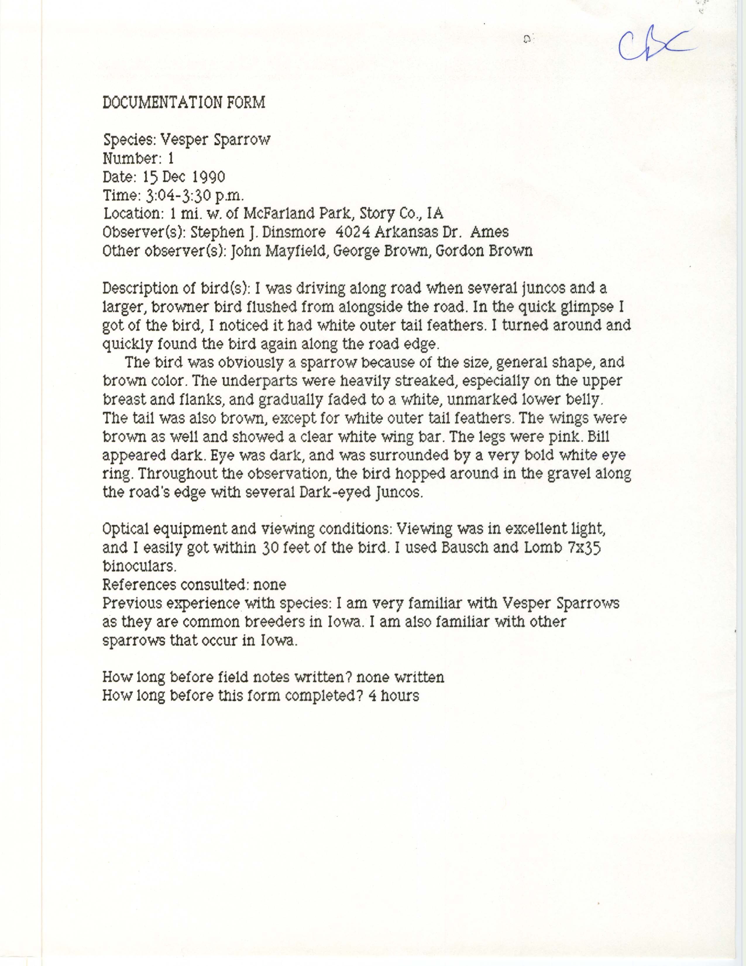 Rare bird documentation form for Vesper Sparrow west of McFarland Park in Story County, 1990